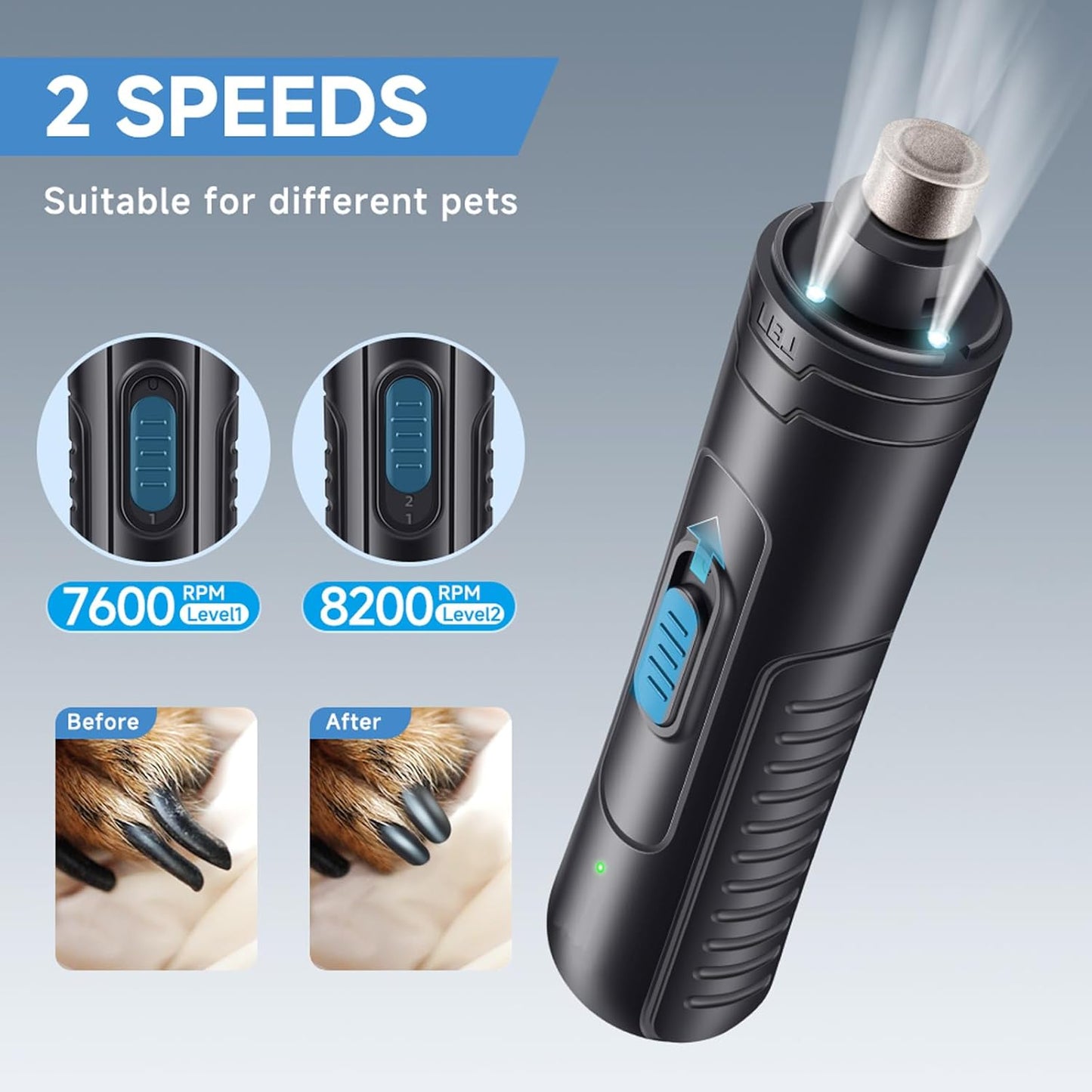 Dog Nail Grinder Quiet 2-Speed Pet Nail Grinder with 3 Led Lights and 3 Ports Rechargeable Electric Dog Nail Trimmer for Large and Small Dogs/Cats and Small Animals Safe (Black)