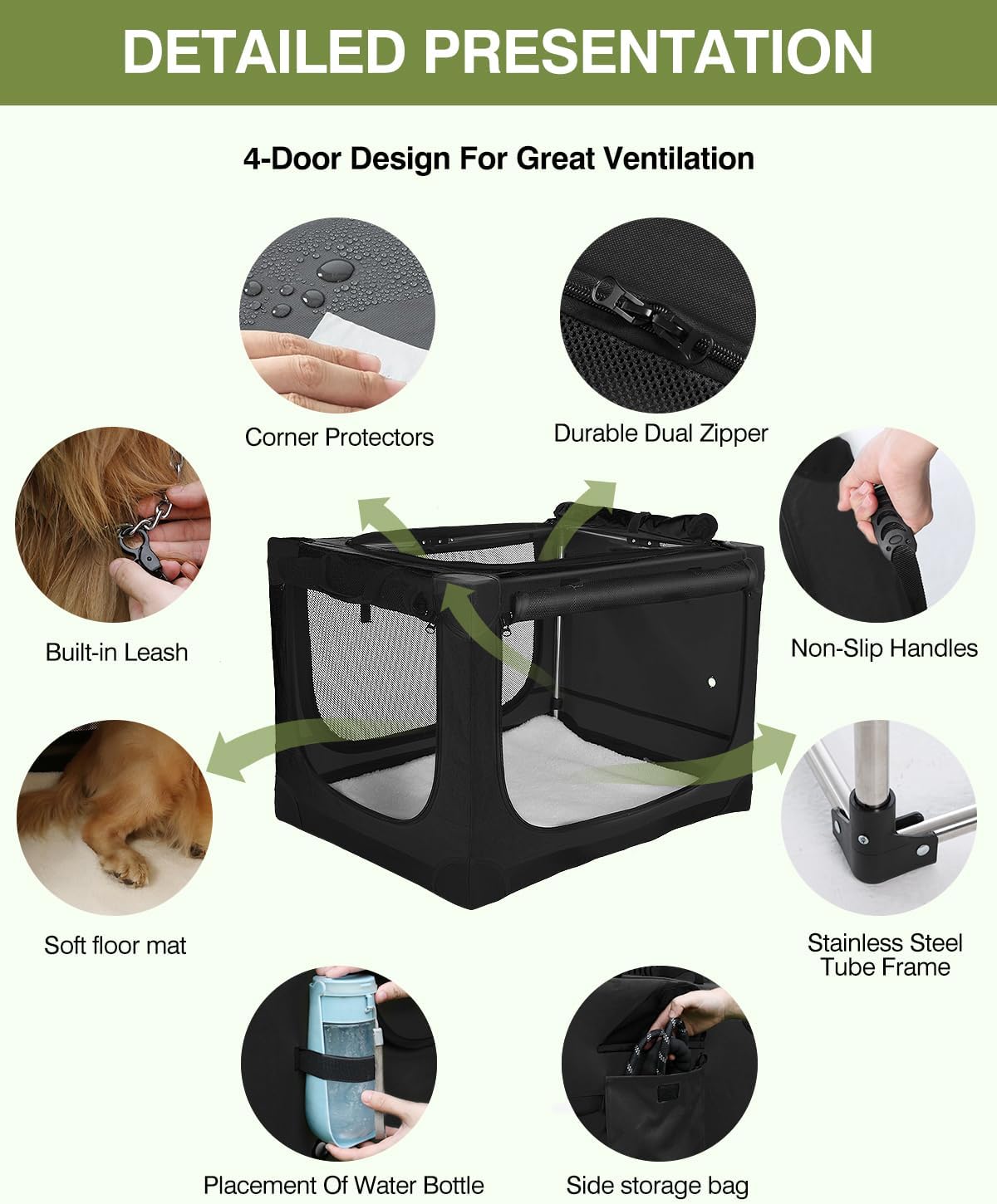 30-Inch Collapsible Travel Dog Crate, Portable 4-Door Soft Kennel for Medium to Large Dogs, Durable Mesh Windows, Indoor/Outdoor Use, Foldable, with Storage Bag (Black)