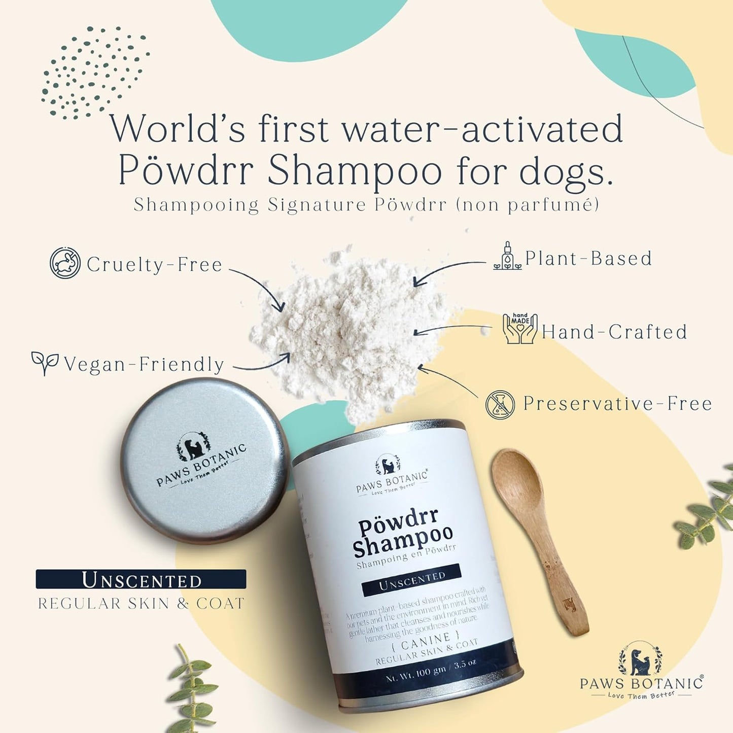 Unscented Dog Dry Shampoo, Powder Shampoo for Dogs, Regular Skin & Coat, 3.5 oz with Bamboo Spoon