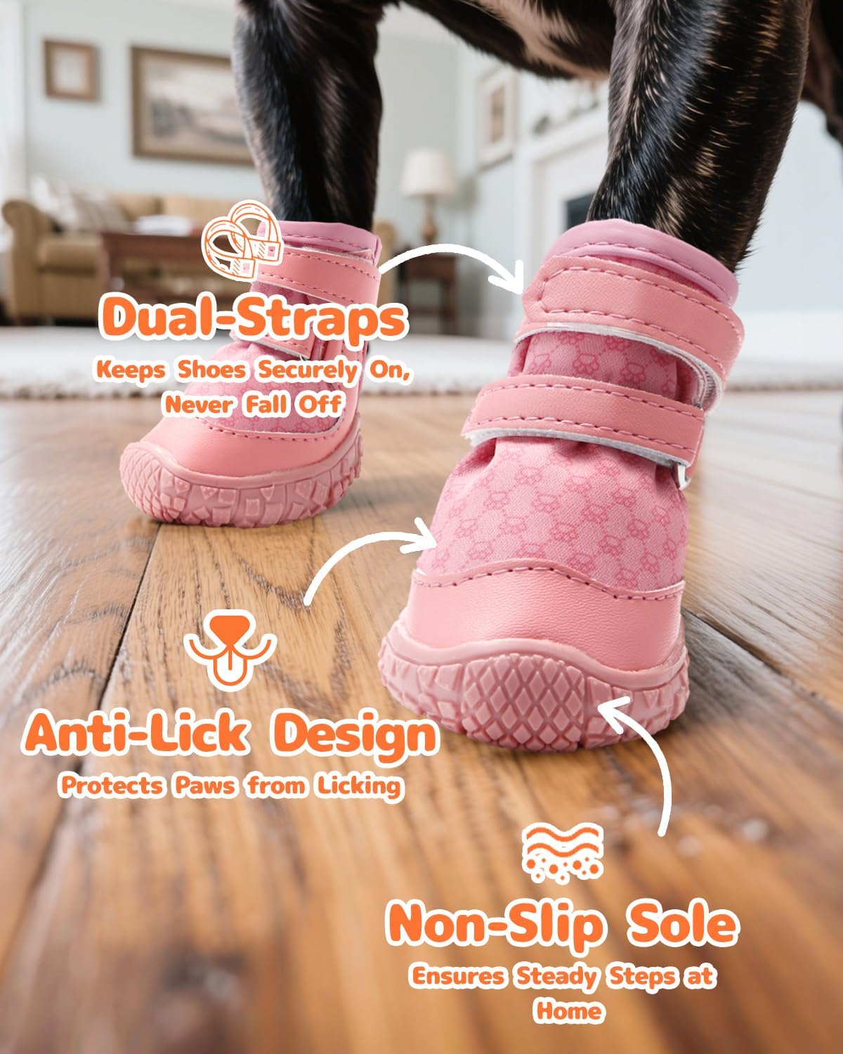 Dog Shoes for Small Dogs, Double Binding Straps Puppy Boots & Paw Protectors for Summer Hot Pavement, Winter Snow, Dog Booties with Anti-Slip Rubber Soles for Beach Hardwood Floor Pink Size 2