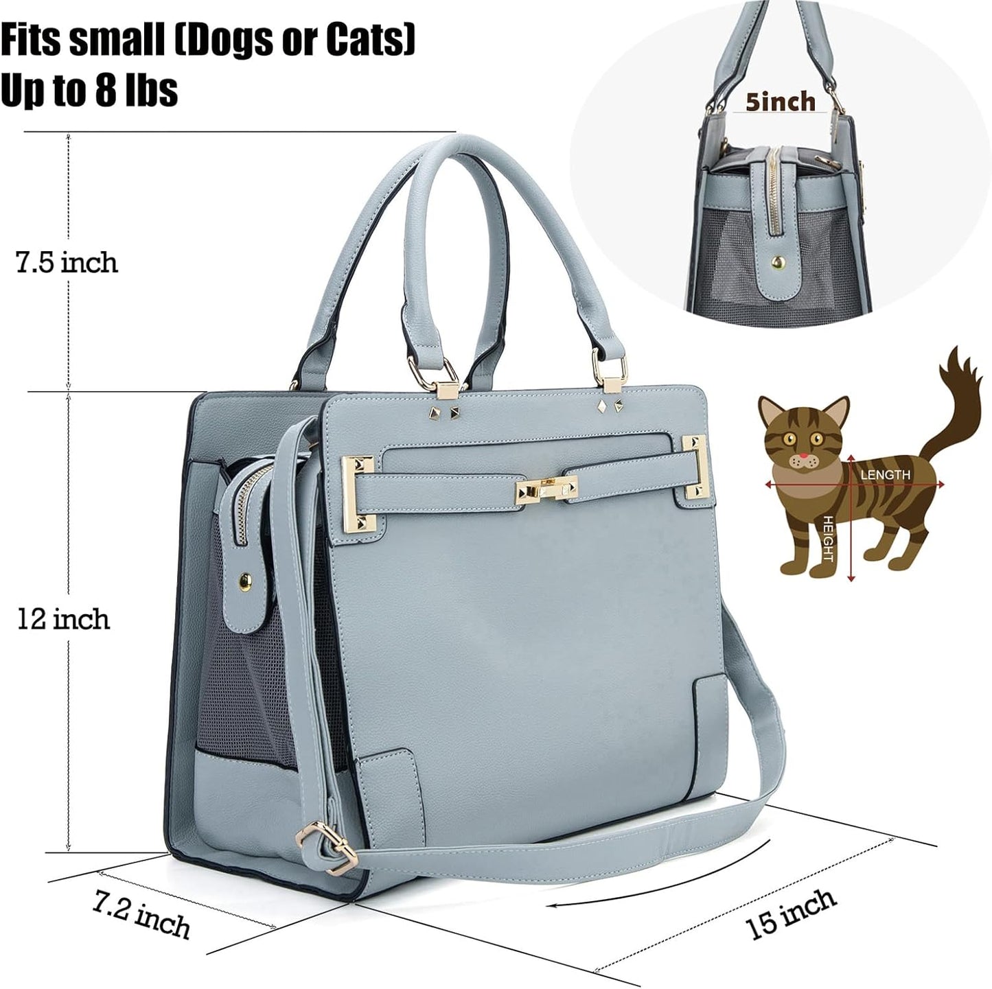 Fashion Pet Carrier Dog Cat Carrier Purse Soft-Sided Leather Handbag Pet Tote Bag for Small Dogs Puppy and Cats TSA Airline Approved (Grey)
