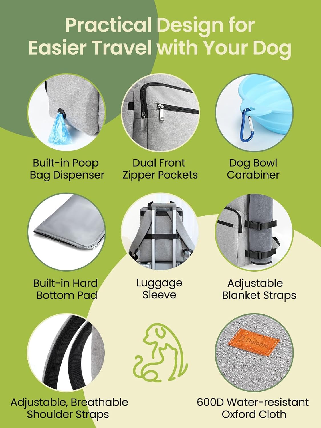 Dog Travel Bag, 25L Airline Approved Dog Travel Backpack for Pet Travel Accessories with 2 Food Storage Containers, 2 Foldable Bowls for Short Trips, Grey