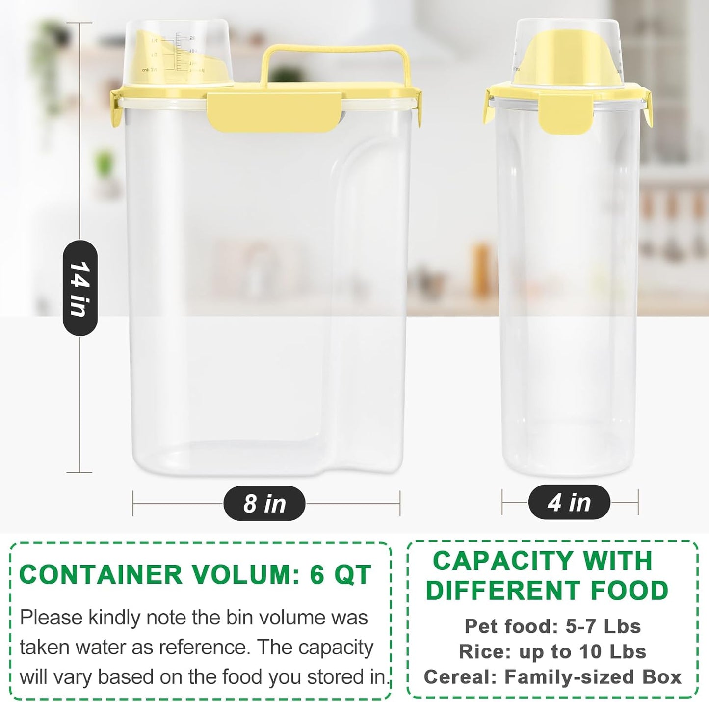 TBMax Pet Dog Cat Food Storage Container 5 to 7 lbs, Airtight Bird Seed Container with Large Spout & Cup, Cat Food Storage Dispenser for Kibble Dog Treat - Light Yellow