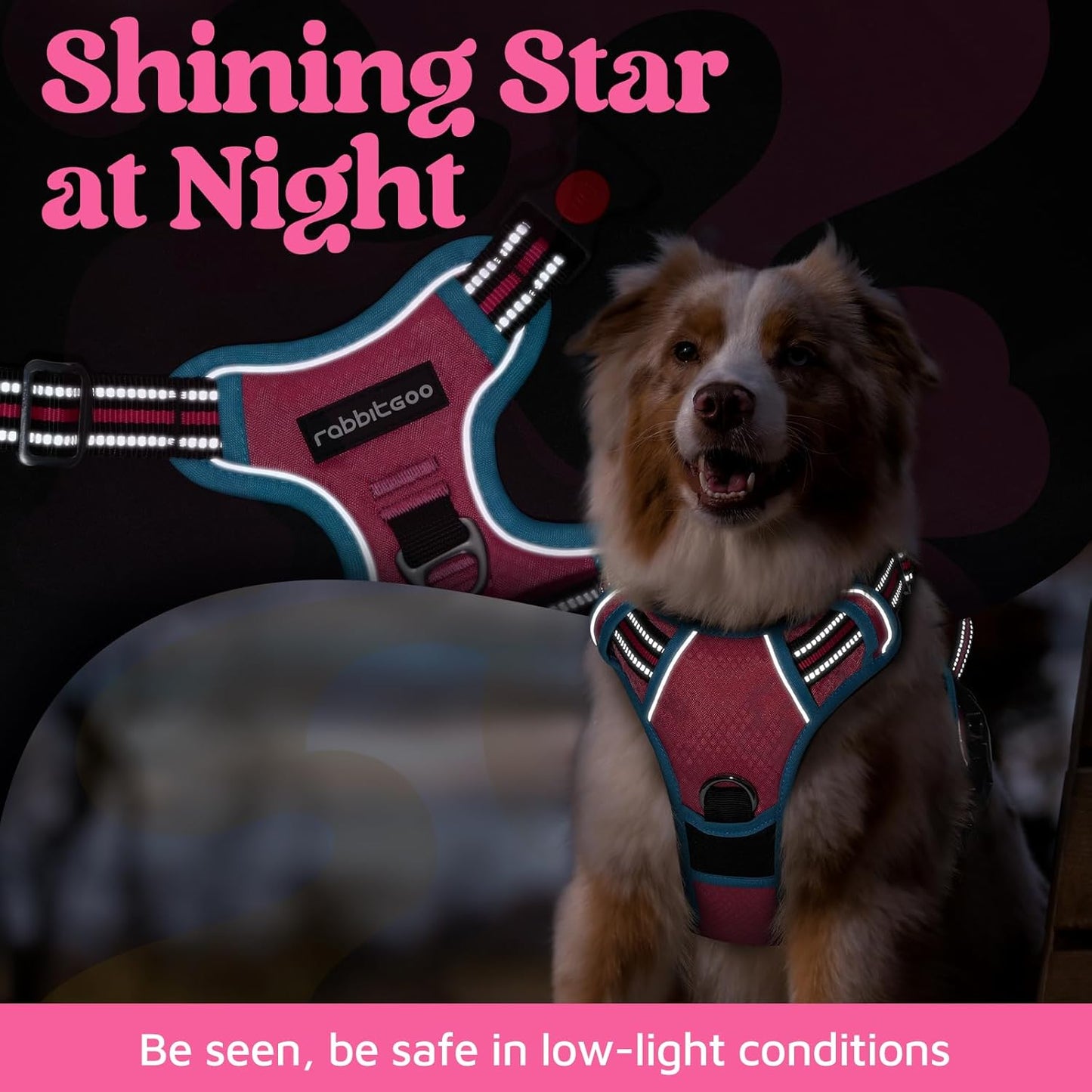 rabbitgoo Dog Harness Medium Sized, No Pull Dog Vest with 3 Buckles, Adjustable Soft Padded Pet Harness with Easy Control Handle and Reflective Strips, Rose Pink & Blue, M