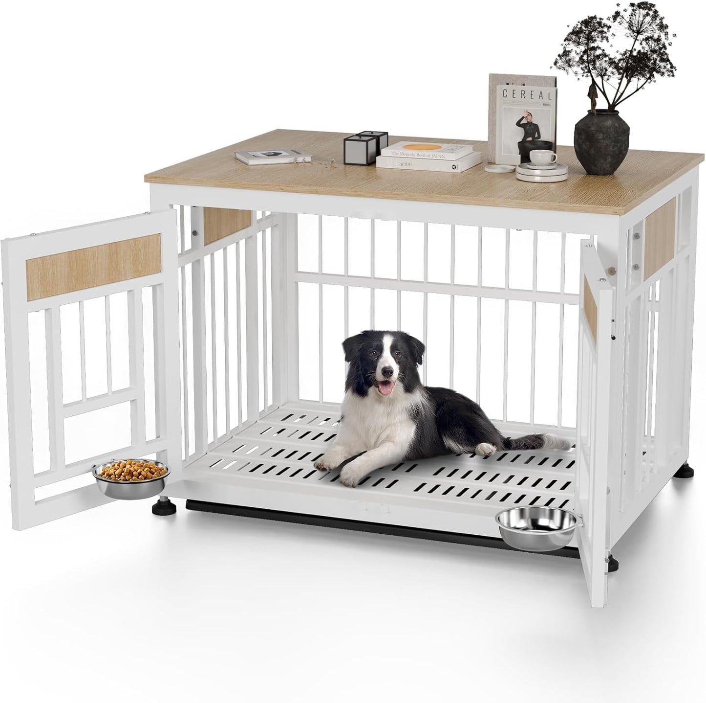 Dog Crate Furniture End Table, 38 Inch Hidden Kennel Cabinet with Removable Tray, Thickened Metal Frame Dog Cage, Dual-Purpose Pet House & Nightstand for Living Room