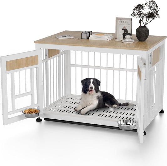 Dog Crate Furniture End Table, 38 Inch Hidden Kennel Cabinet with Removable Tray, Thickened Metal Frame Dog Cage, Dual-Purpose Pet House & Nightstand for Living Room