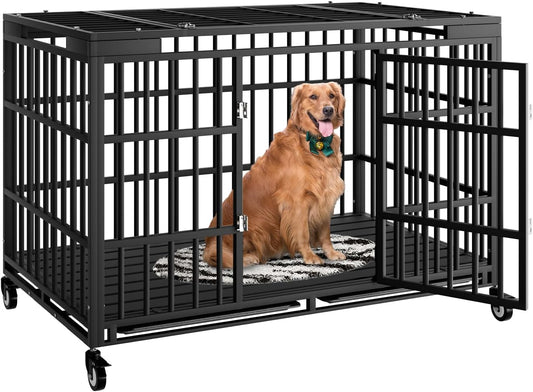 54 Inch Heavy Duty Dog Crate with Wheels,Indestructible Escape-Proof Dog Kennel with Locking Latch and Double Door,Extra Large XL XXL Crate Indoor for Large and Medium Dog with Removable Tray