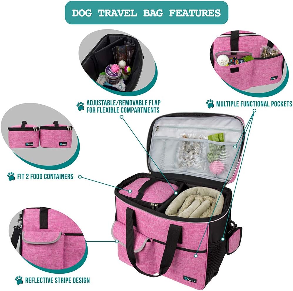 PetAmi Dog Travel Bag - Travel Pet Organizer with Food Container and Bowls, Perfect for Weekend Camping, Cat Diaper Bag (Pink, Large)