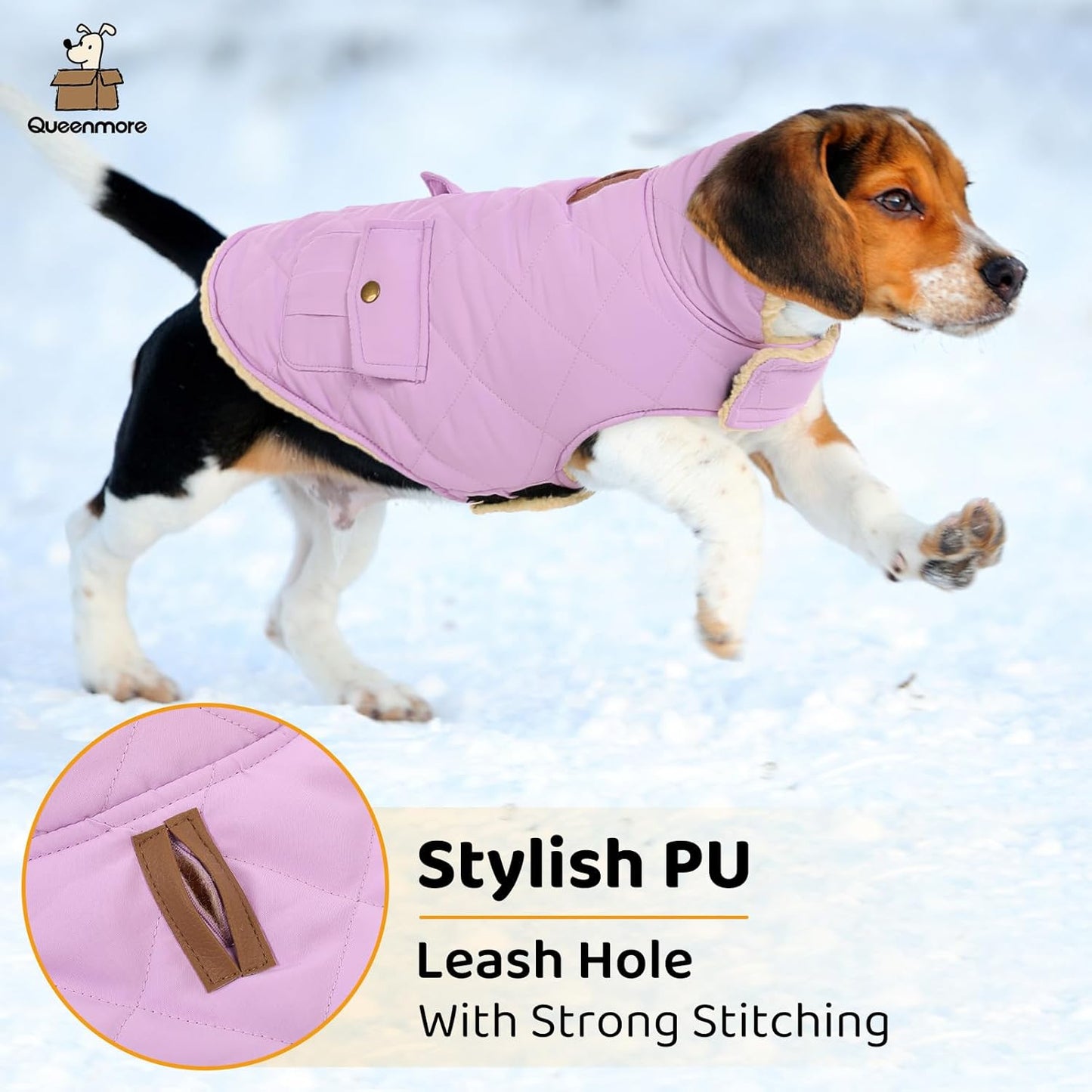 Queenmore Warm Dog Coat, Cold Weather Puffer Dog Coat Vest, Quilting Winter Pet Jacket Ultra Thick Plush Fleece Lining Pet Clothes for Dogs with Storage Pockets (Lilac, Medium)