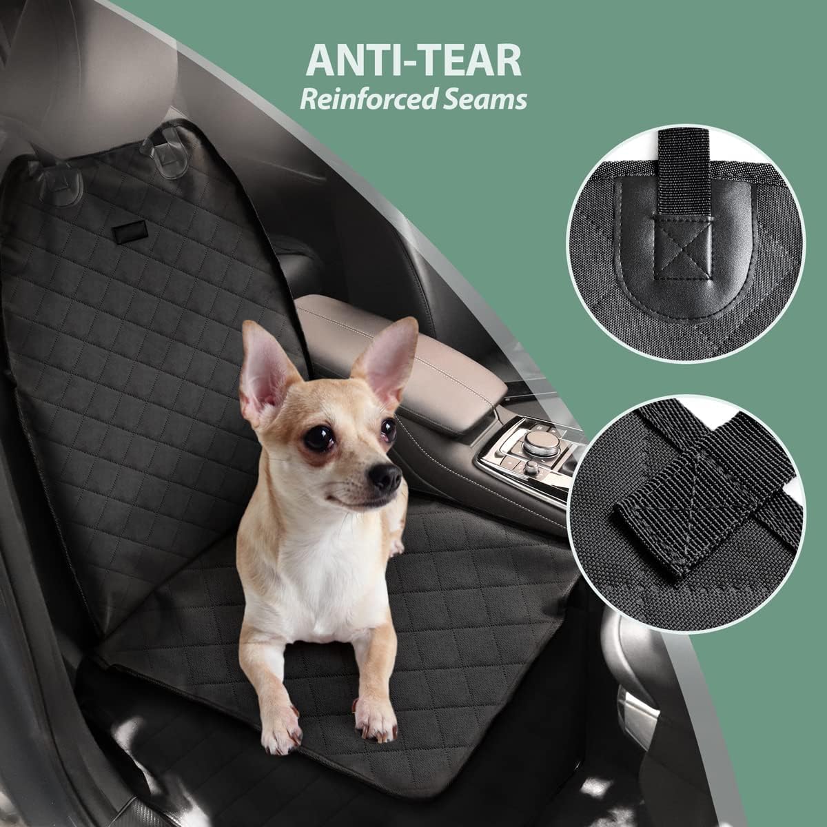 Dog Car Front Seat Cover with Side Flaps & Buckle Straps for Pet, 100% Waterproof 600D Oxford Single Seat Protector Heavy Duty Quilted Scratch Proof, Universal Size for SUV Truck, Black