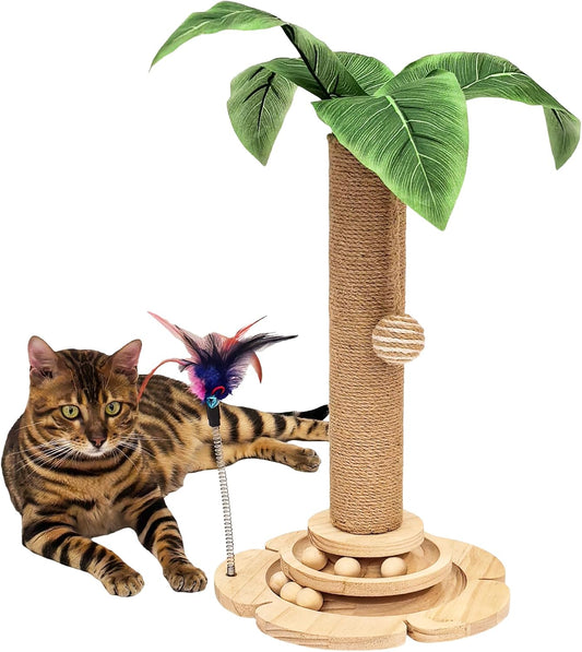 Cat Scratching Post, Cat Scratcher Toy for Indoor Cats, 17.3" Tall Scratch Post with 2-Layer Ball Tracks, Interactive Feather Toy and Sisal Hanging Ball, Banana Tree Cat Tower for Kittens