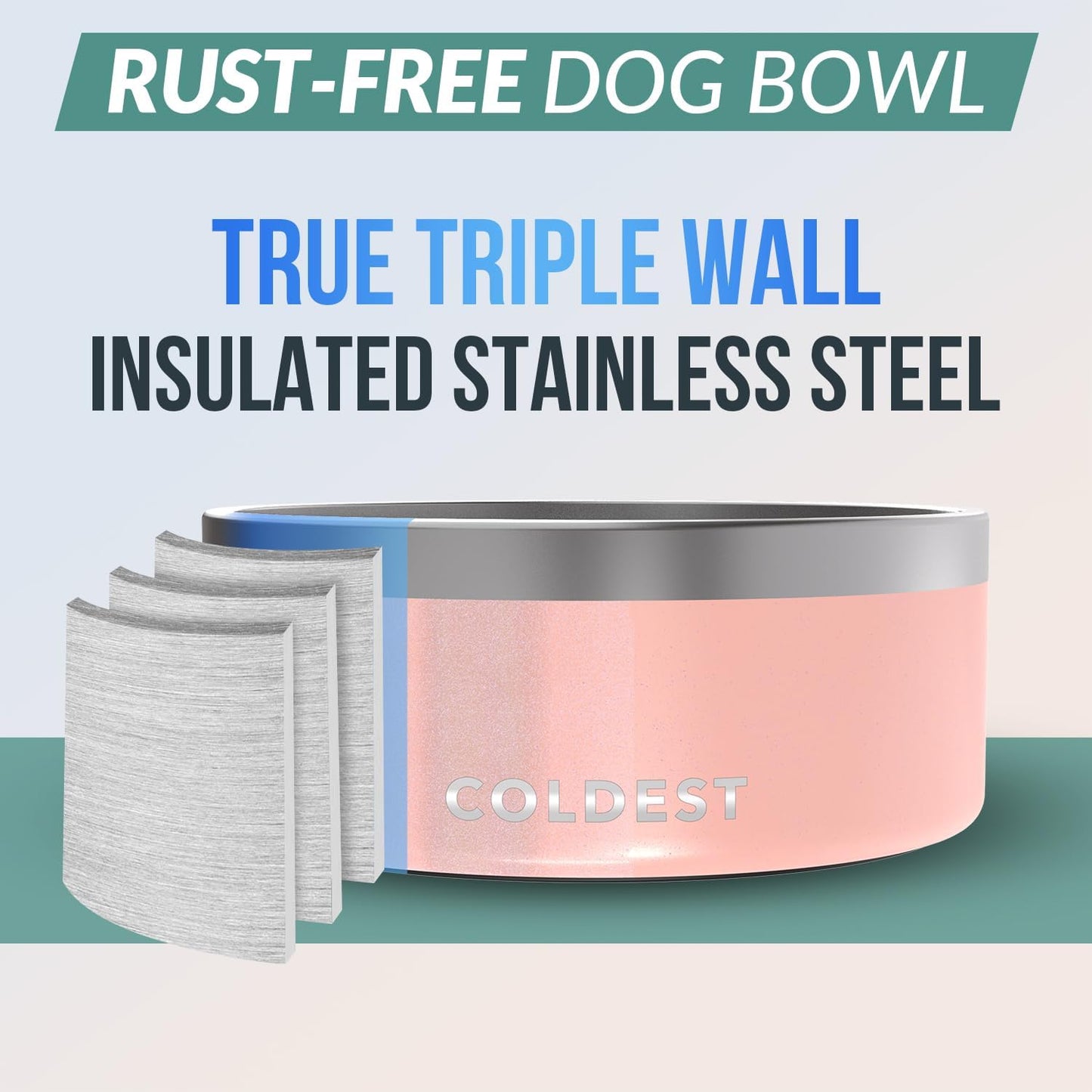 Coldest Dog Bowl - Anti Rust Metal, Non Slip, 3 Layers Insulated Stainless Steel Dog Bowls - Spill Proof & Heavy Duty - Water Bowl for Dogs, Cats, Dish Washer Safe (100 oz, Forever Pink Glitter)
