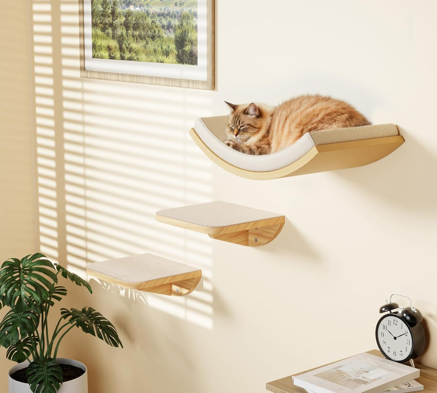 Wood Cat Wall Shelf with Soft Foam Cushion, Curved Cats Wall Bed for Large Cats, Floating Cat Perch for Sleeping & Climbing