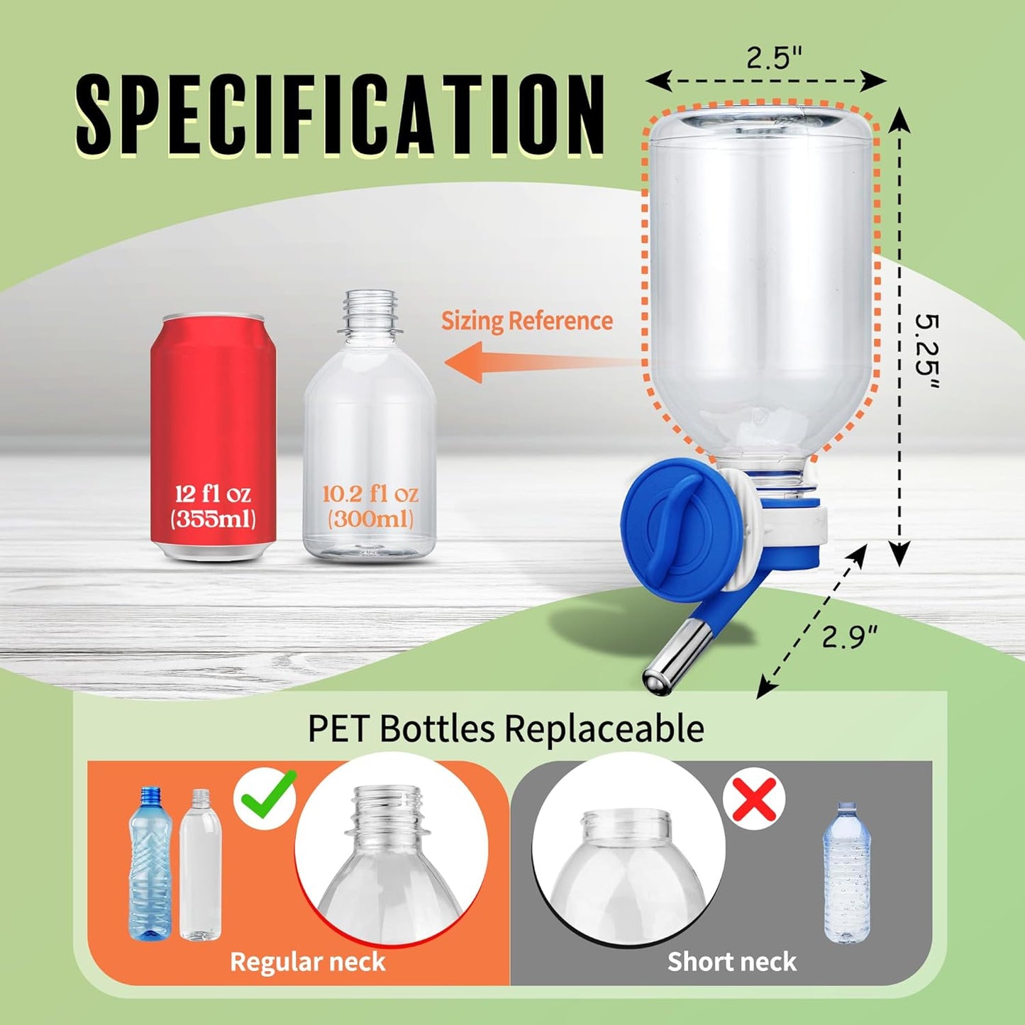 Choco Nose Patented Mini No-Drip Water Bottle/Feeder for Hamsters/Hedgehogs/Gliders/Rats/Mice/Other Small Pets and Animals - for Cages, Crates or Wall Mount. 10.2oz. Nozzle 10mm, Blue (C125)