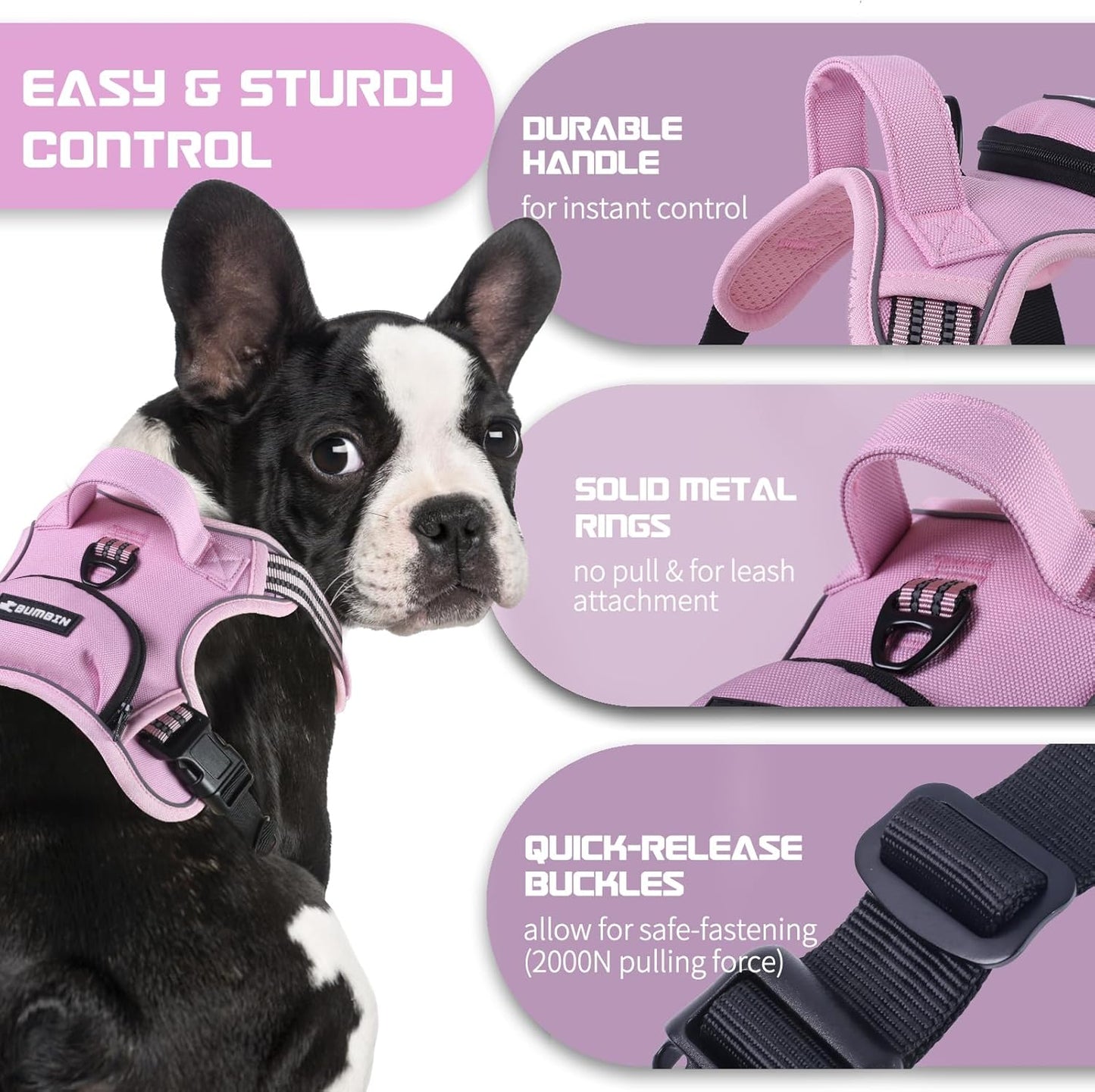 BUMBIN Dog Harness for Large Dogs, No Pull Adjustable No Choke Pet Vest with Dog Leash Fit Smart Reflective Pet Walking Harness for Training Easy Control Soft Handle Pink M