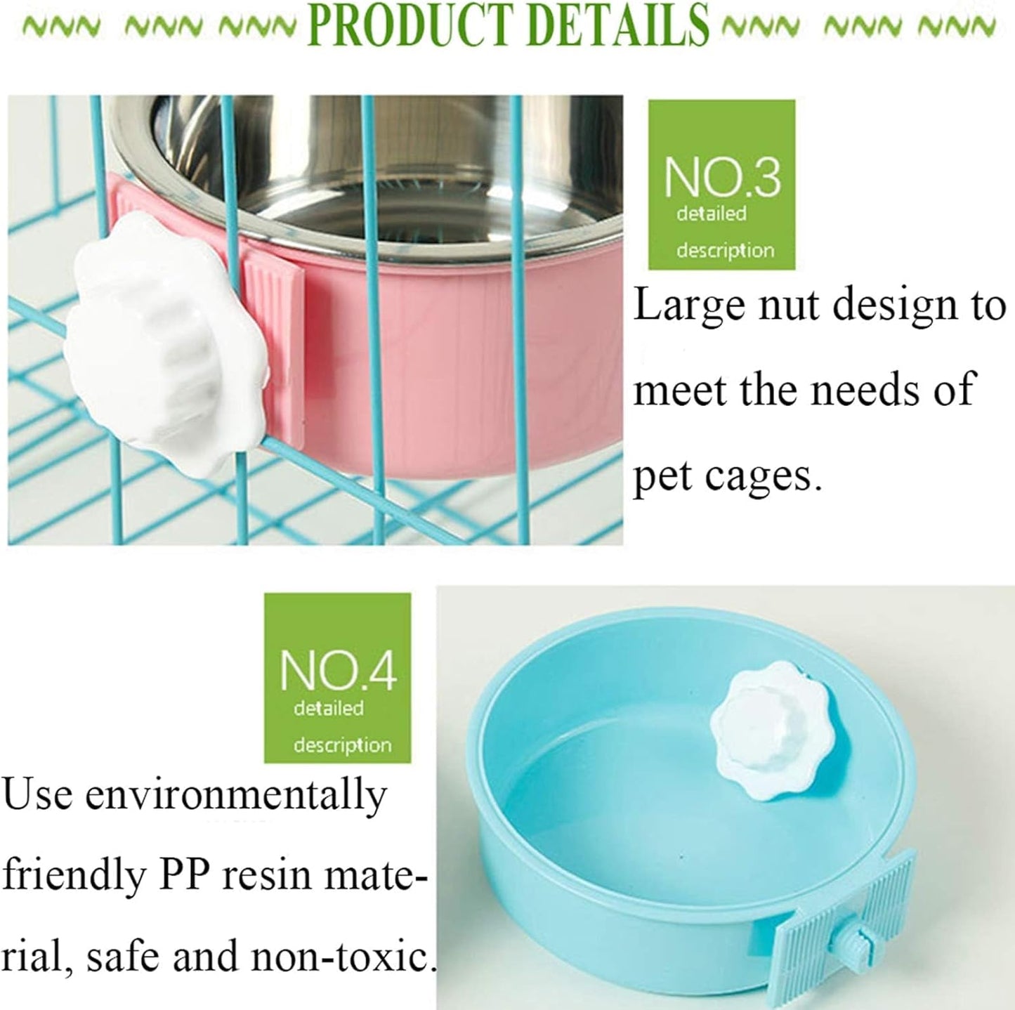kathson Crate Dog Bowl, Removable Stainless Steel Hanging Pet Cage Bowl Food & Water Feeder Coop Cup for Cat, Puppy, Birds, Rats, Guinea Pigs 4pcs Large(2×Blue,1×Pink,1×Green)