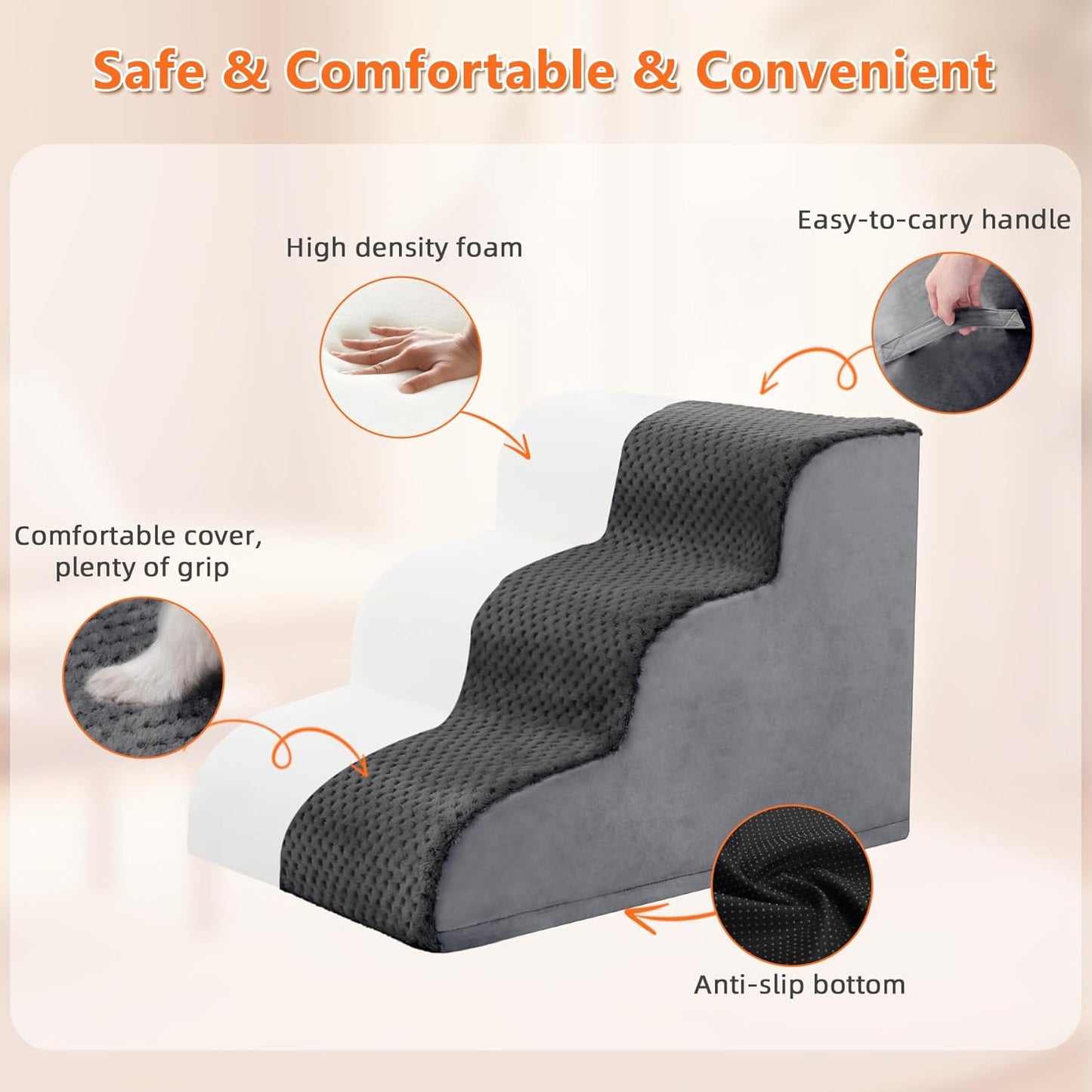 MIHIKK Dog Stairs Ramp, Curved 3-Step Dog Steps for Small Dogs and Cats, Pet Stairs for High Beds and Couch with Anti-Slip Washable Cover and Durable High Density Foam, Dark Grey