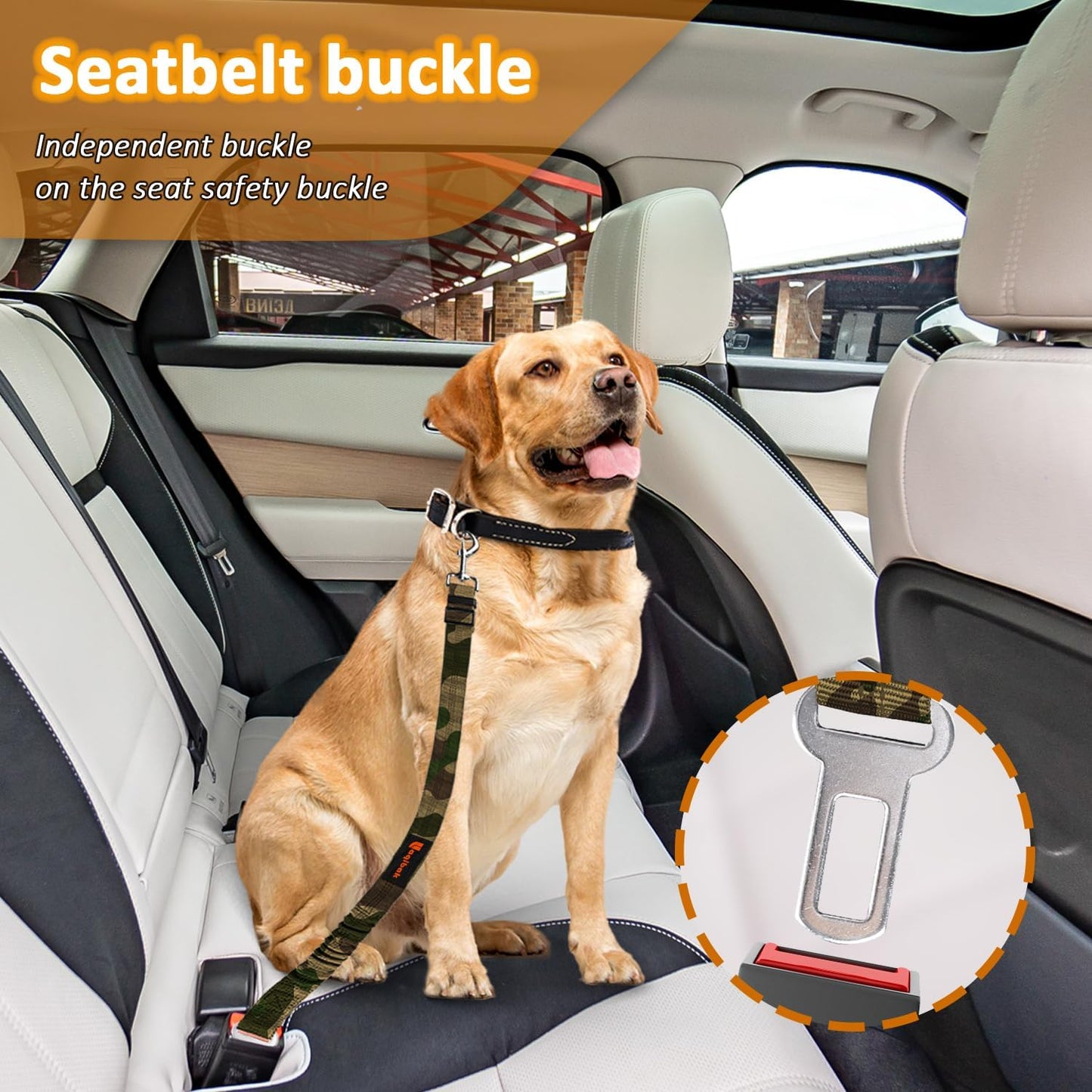 Removable Dog Seat Belt Harness for Car, 3 in 1 Pet Dog Car Seatbelt Leash, Retractable Restraint Secures to Vehicle Headrest & Adjustable Reflective Bungee Dog Seatbelt Tether, Camouflage