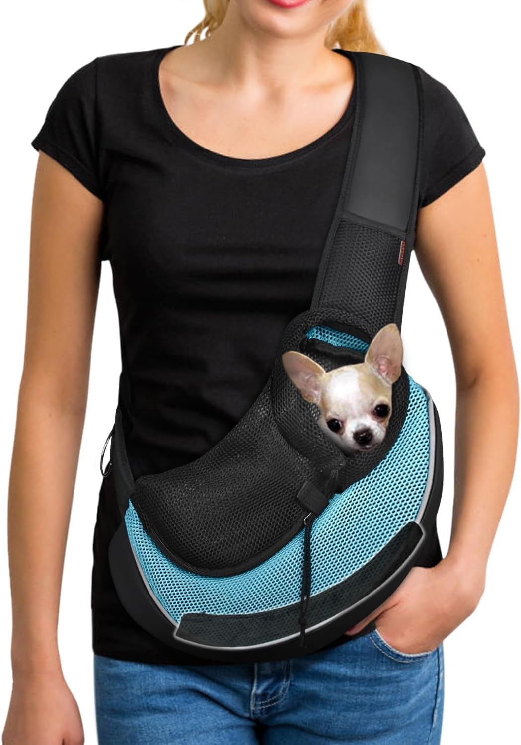YUDODO Pet Sling Carrier for Small Dogs & Cats – Hands-Free Puppy Carrier with Safety Hook, Large Zipper Pocket, Soft Breathable Mesh, Adjustable Strap & Reflective Strip (Cyan 3.0 M)
