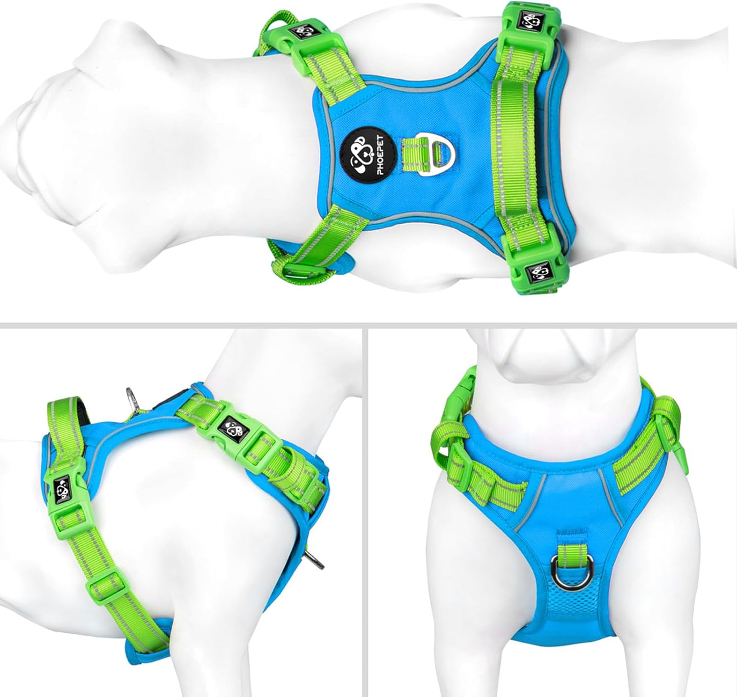 PHOEPET No Pull Dog Harness, Unique Colors Reflective Adjustable Dog Vest, with Soft Training Handle Metal Clips for Small Medium Large Dogs (Blue Base & Green Straps,L)