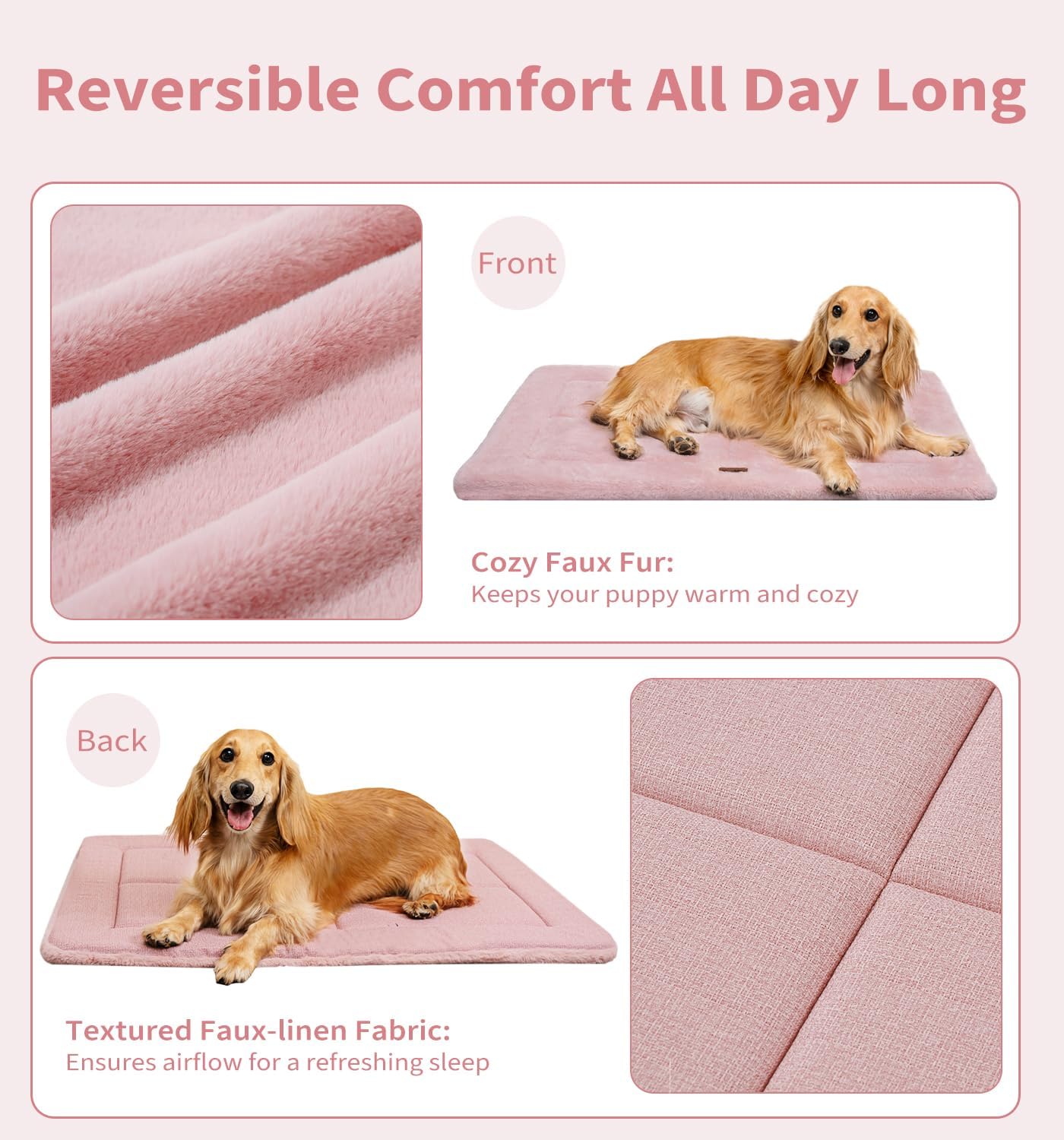 MADE 4 PETS Dog Crate Pad Bed for Medium Large Dogs, Washable & Reversible, Anti-Slip Kennel Mat for Cozy Sleeping, Soft Fluffy Dog Bed for Indoor & Outdoor Use, 35"x23", Pink