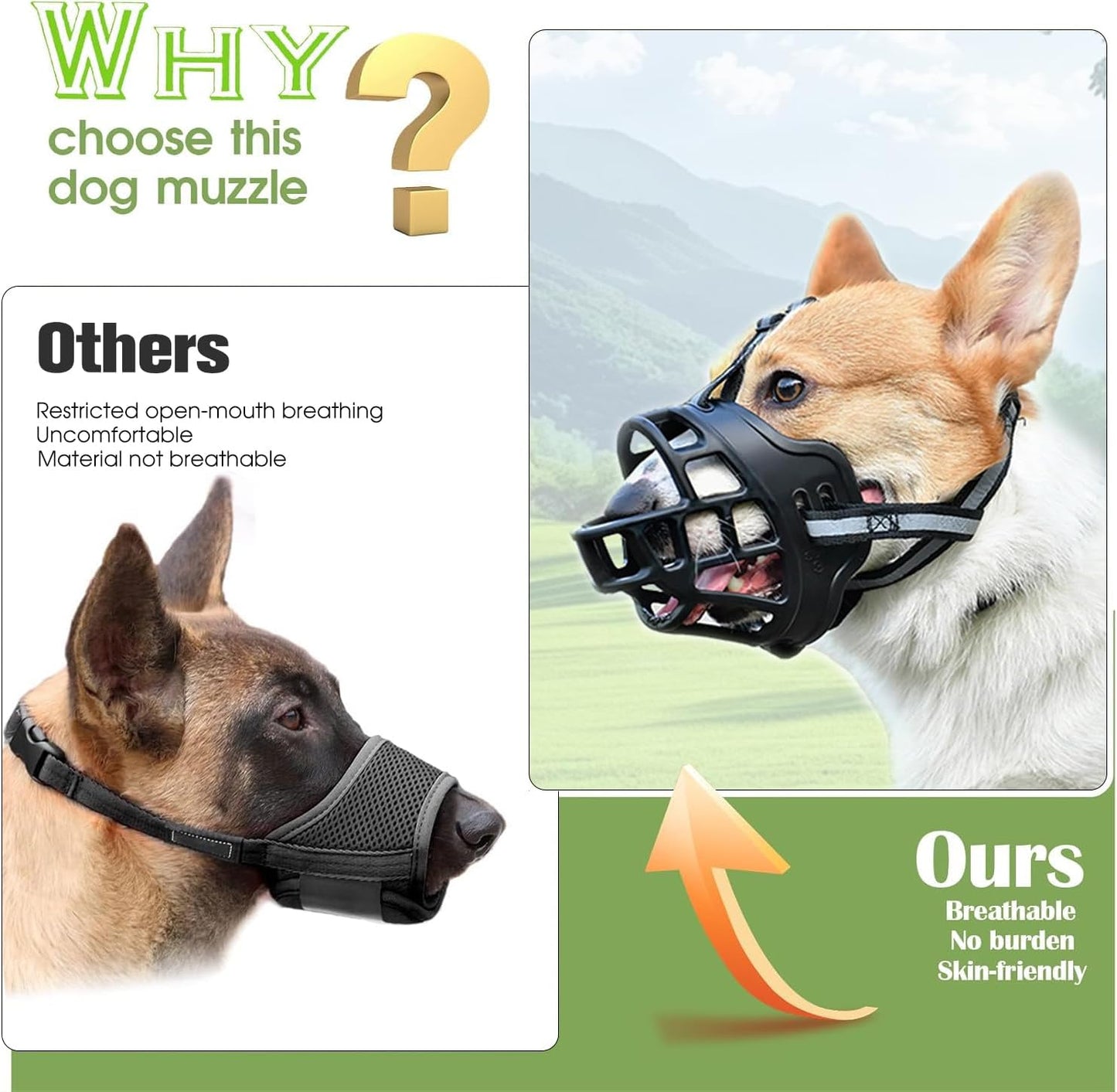 Dog Muzzle, Breathable Basket Muzzles for Small Medium Large Sized Dogs, Adjustable Humane Cage Mouth Cover for Scavenging Grooming Biting Chewing, Allows Panting and Drinking(Soft Rubber, XL)