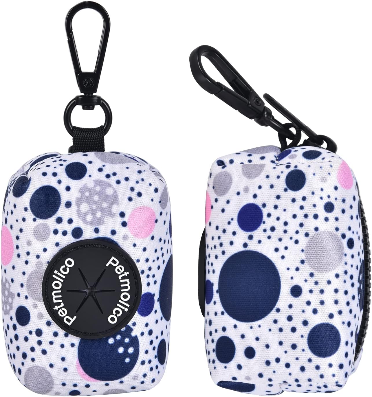Petmolico Dog Poop Bag Holder Leash Attachment, Dog Waste Bag Dispenser Zippered Pouch, Fits Any Dog Leash, Includes Free Roll of Dog Bags, Poop Bag Dispenser - 2 Pack, Blue Dots