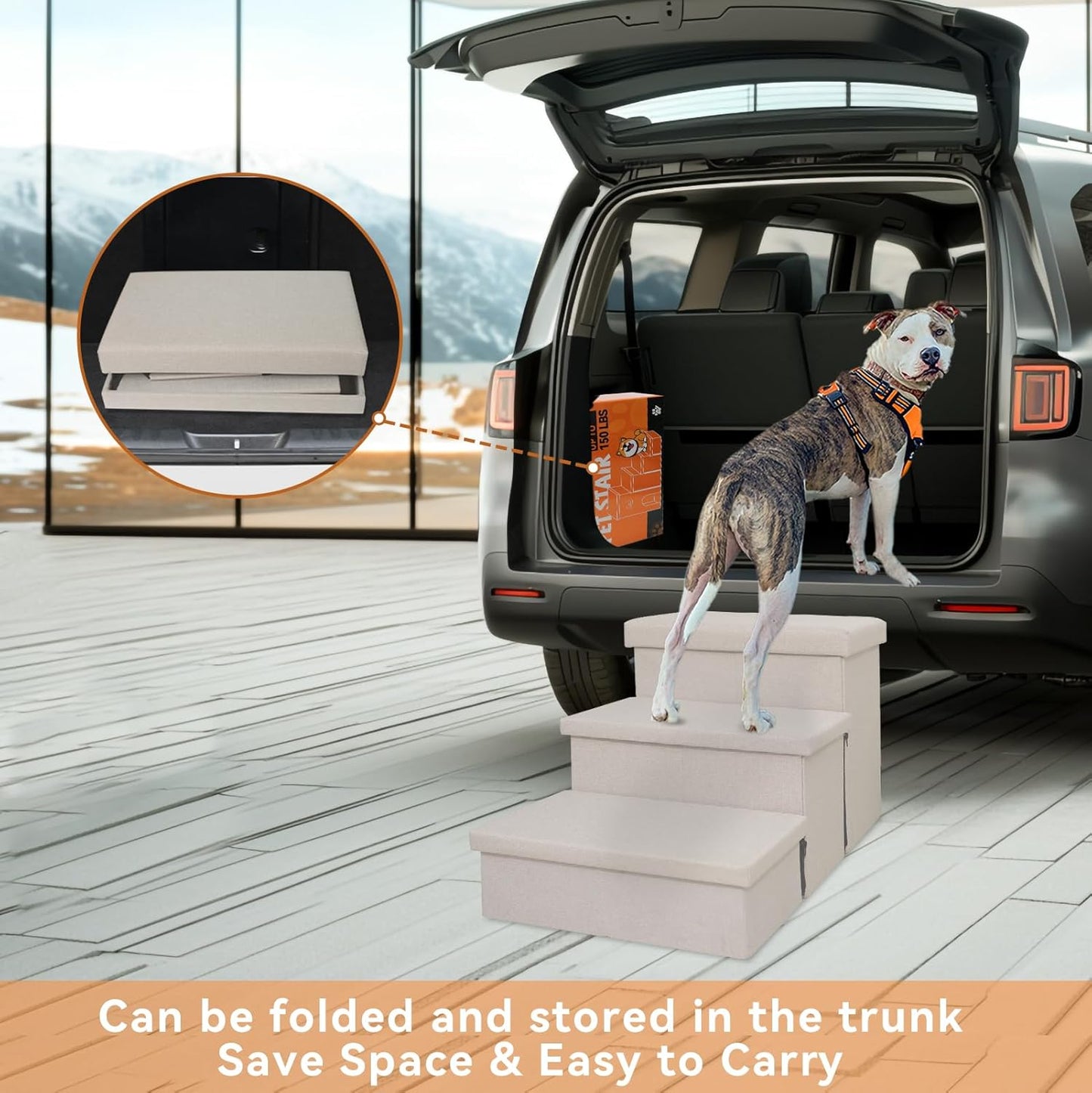 Dog Stairs with Condo 18" H, 3-Step Wider Dog Steps for High Beds Couch, Folding Storage Pet Stairs Gift for Small/Medium/Large Old Dogs Cats, Ramp for Climbing Car Up to 200 lbs, Beige