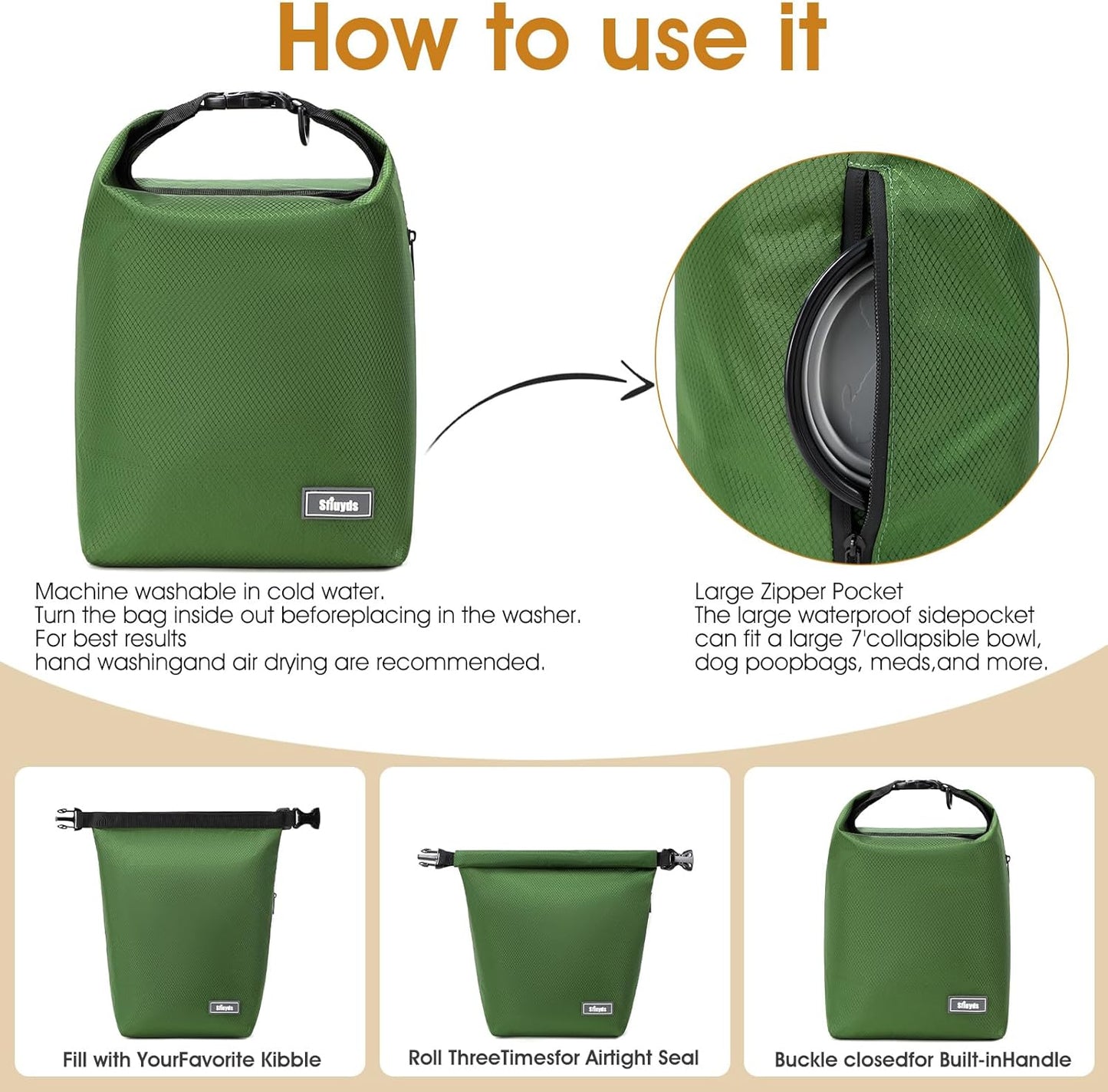 Dog Food Travel Bag,Pet Food Container 20 lb w/2PCS Collapsible Dog Travel Bowls and Zipper Side Pocket(Green, Large)