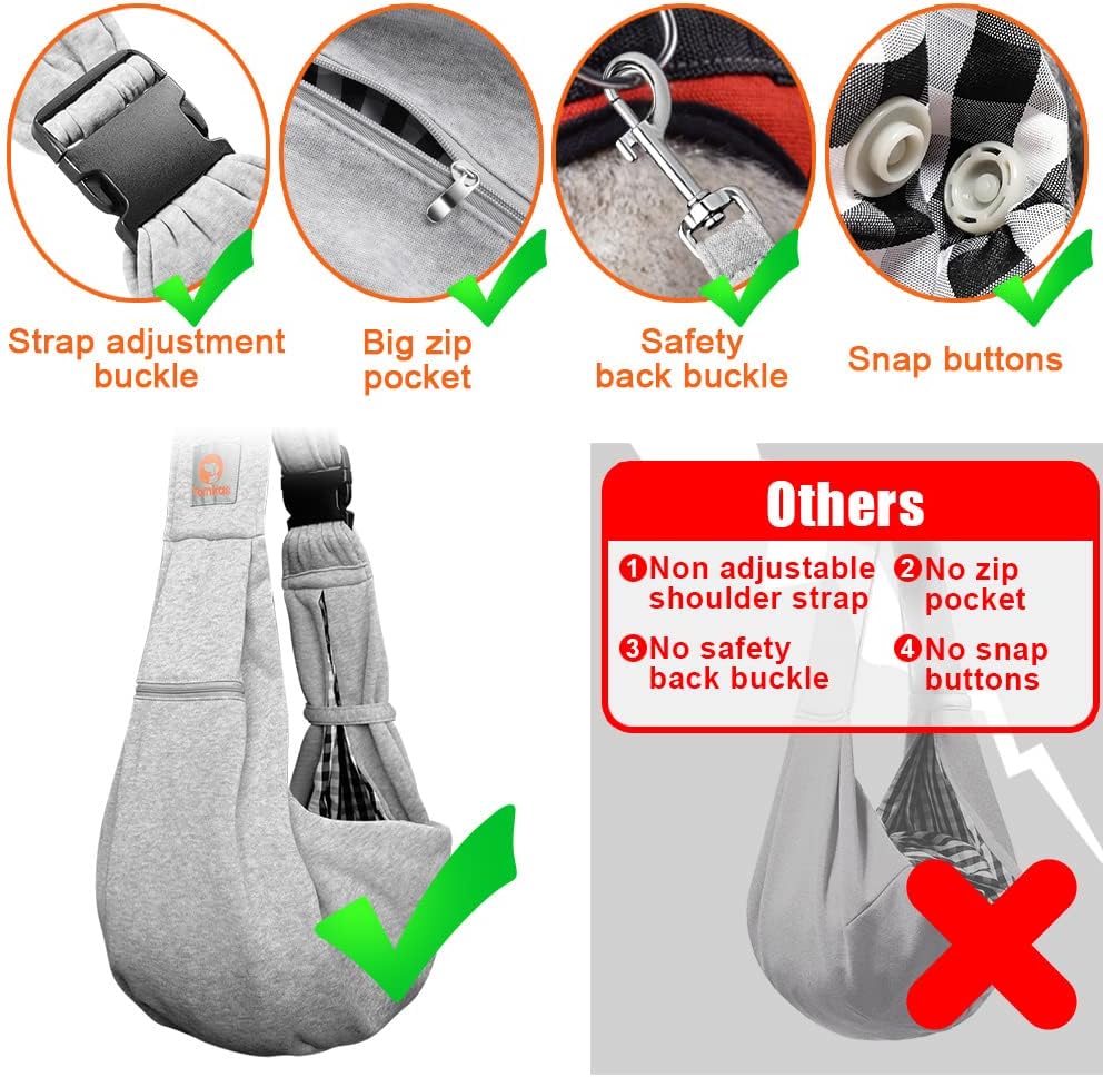 Tomkas Small Dog Sling Carrier - Zipper Pocket & Adjustable Strap - for 3-10 lbs Pets(Grey) Puppy