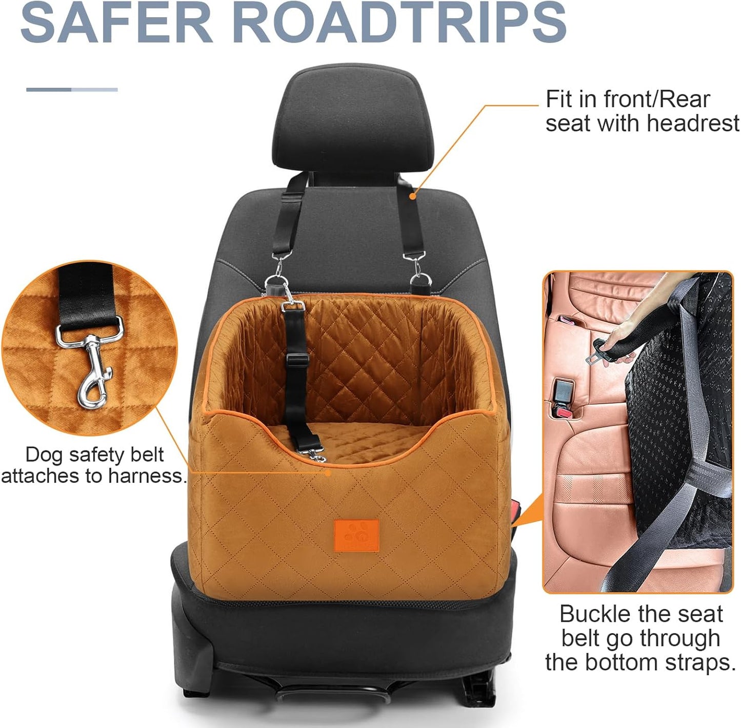 Dog Car Seat for Small Dogs, Memory Foam Booster Dog Seat for Dogs up to 35 lbs, Elevated Pet Car Seat with Washable Removable Cover, Storage Pockets