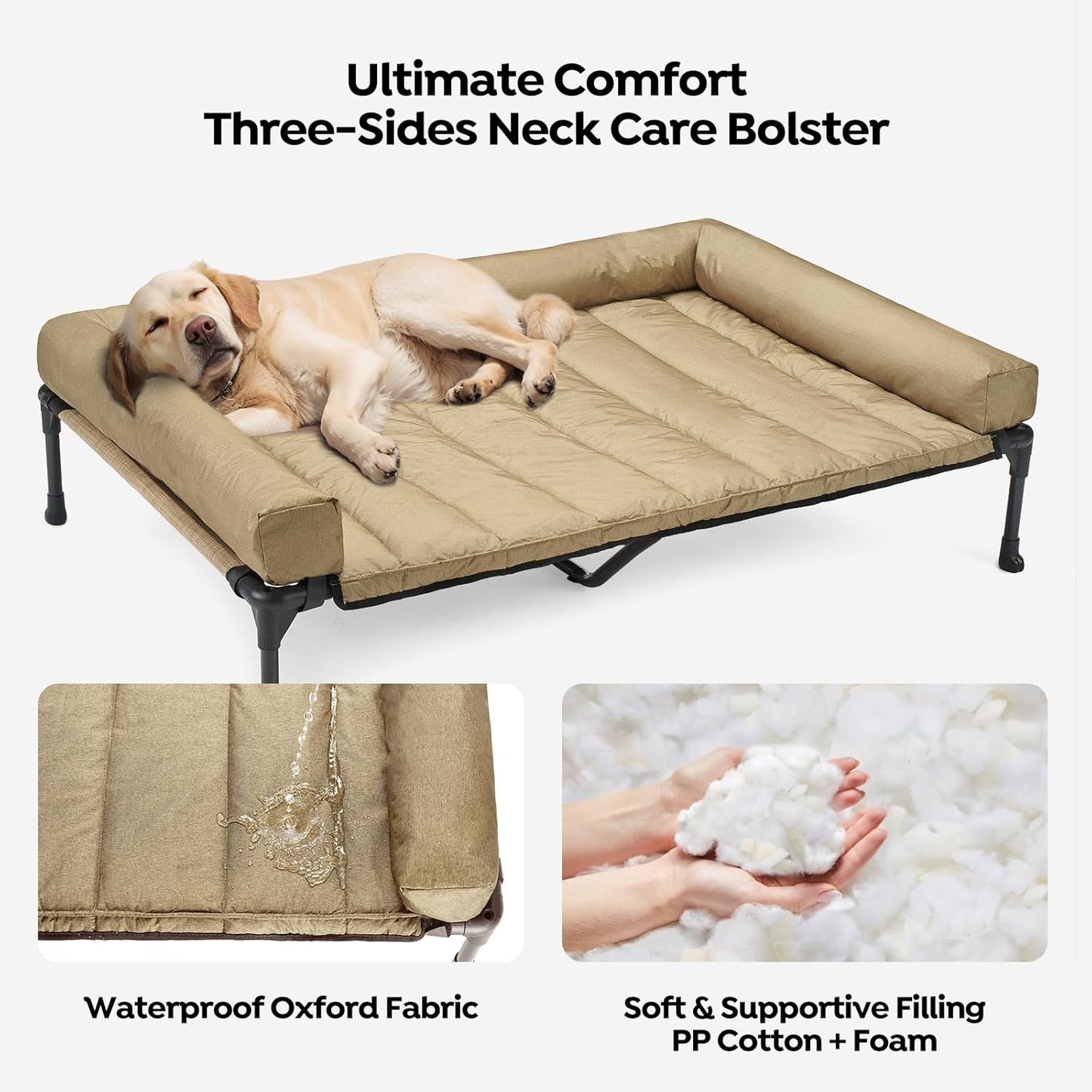 Veehoo Cooling Elevated Dog Bed Add Removable Waterproof Bolster Cushion Mat, Raised Pet Cot with Breathable Teslin Mesh, No-Slip Feet, Dog Couch Bed for Indoor Outdoor, 49x33inches, Beige, CWC2331B