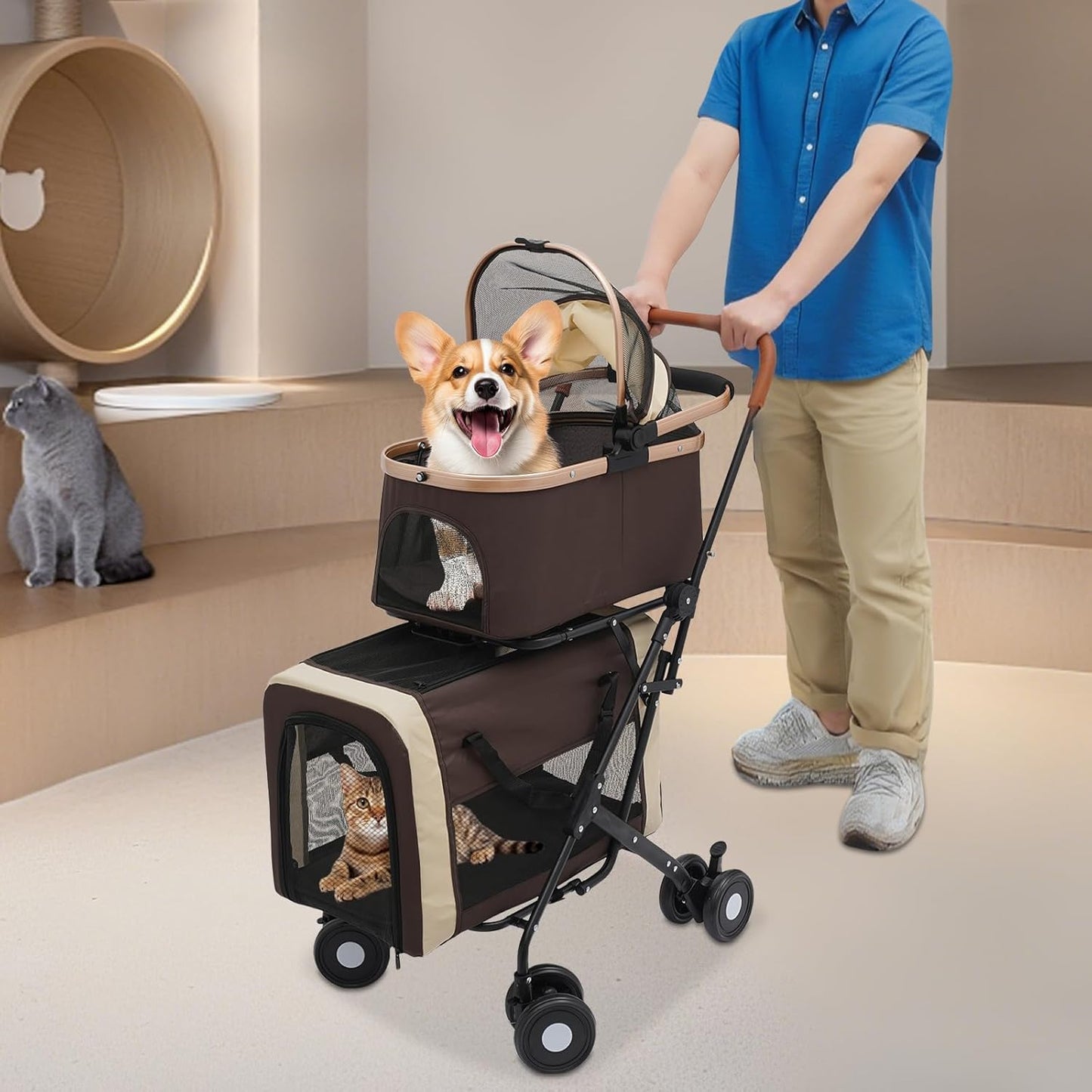 Double Pet Stroller for Dogs and Cats, Foldable Dog Stroller Travel Carriage with Detachable Carriers, Safety Belts, and 4 Lockable Wheels for Small to Medium Pets (Coffee Color)