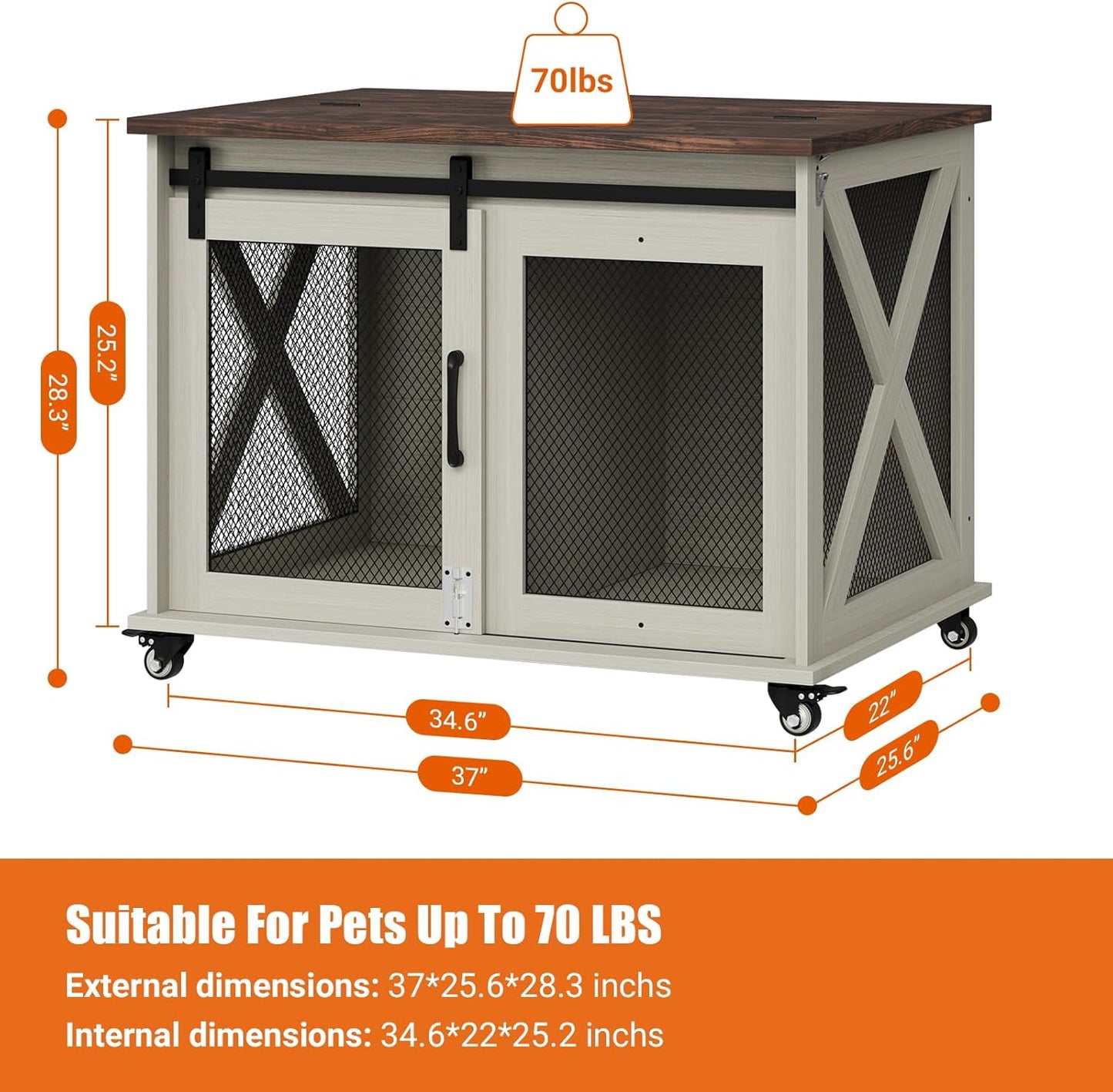 Dog Crate Furniture,37 Inch Indoor Dog Cage with Sliding Barn Door, Flip Top Dog Kennel End Table with Removable Divider, Farmhouse Wooden Pet House for Small to Middle Size Dogs