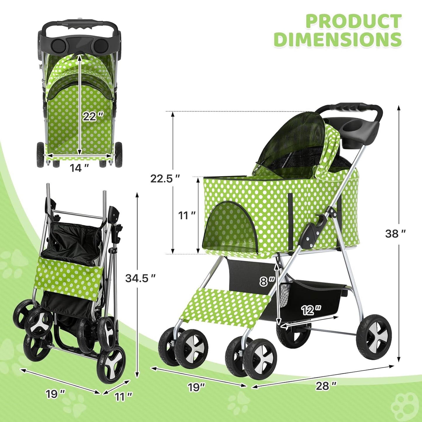Magshion Foldable Pet Stroller, 3-in-1 Dog Travel Jogger with Detachable Carrier, Cup Holder, Storage Basket, Folding Carrier for Small/Medium Dogs & Cats Up to 33 lbs, Lawn Green Polka Dots