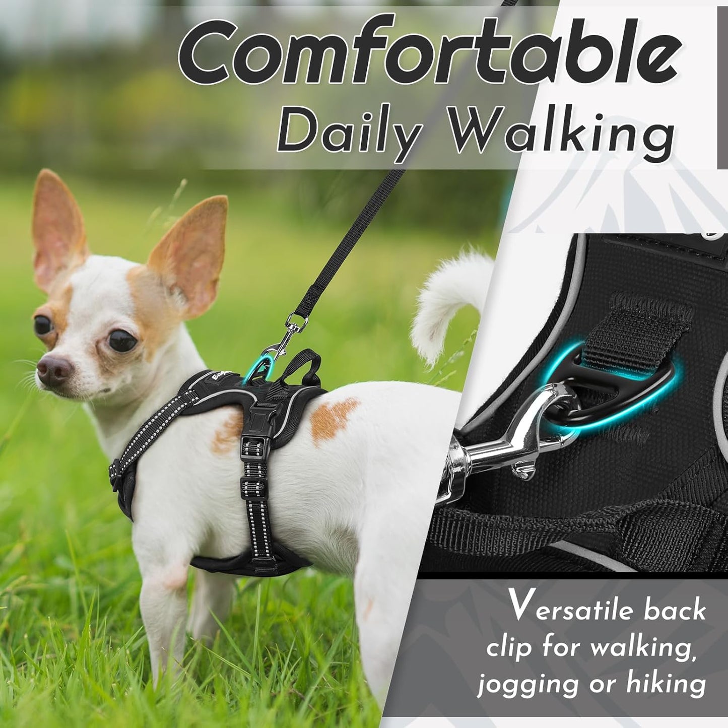 Eagloo Small Dog Harness No Pull, Service Vest with Reflective Strips and Control Handle, Adjustable and Comfortable for Easy Walking, No Choke Pet Harness with 2 Metal Rings, Black, XS