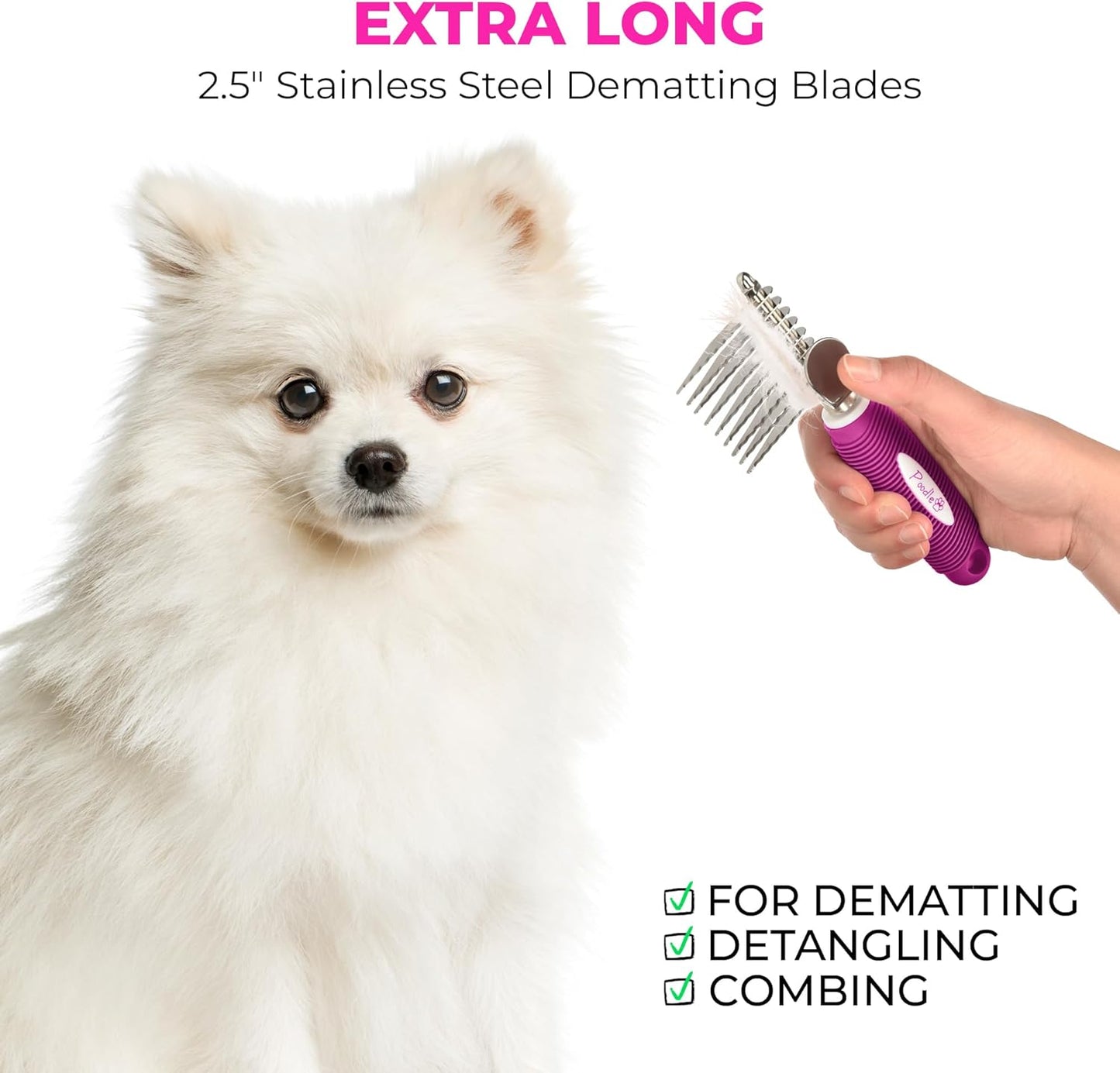Poodle Dematting Fur Rake Comb Brush for Dogs and Cats - Long 2.5" Steel Safety Blades Metal Comb for Detangling Matted or Knotted Undercoat Hair
