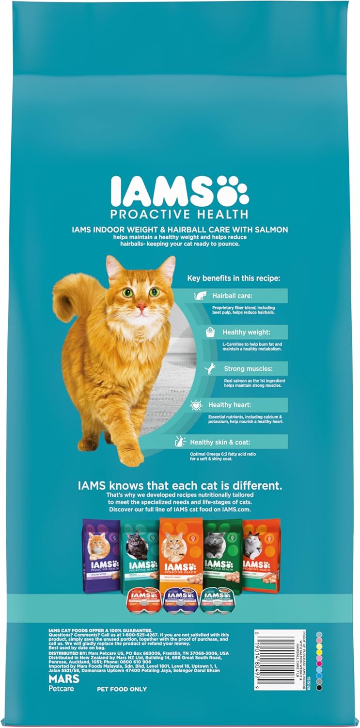 IAMS Proactive Health Indoor Weight Control & Hairball Care Adult Dry Cat Food, Salmon Recipe, 7 lb. Bag