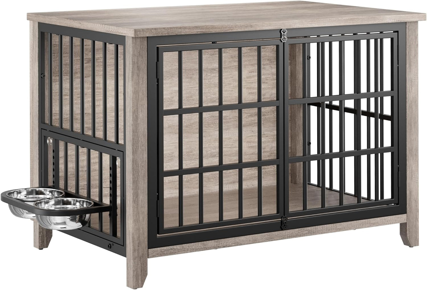 Lulive Large Dog Kennel Indoor with 360°& Adjustable Raised Dog Bowls, Wooden Dog Crate Furniture Double Doors Furniture Dog Crates End Table for Large/Medium Dogs 37.8" L*23.6" W*27" H, Grey