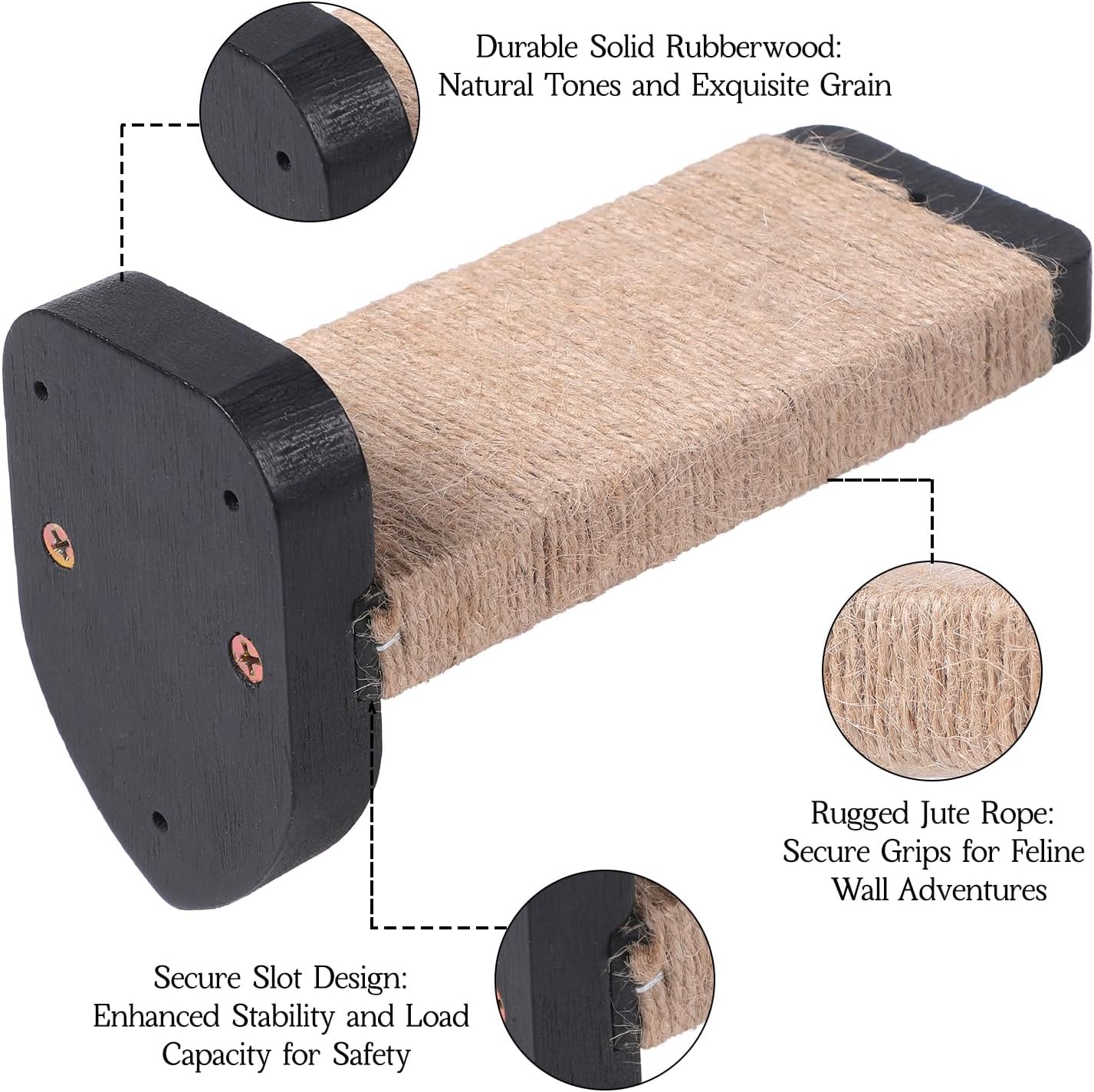 3-in-1 Cat Wall Steps - Climbing Wall Furniture & Shelves with Hemp Rope, Solid Wood Cat Ladder (Standard-Black)