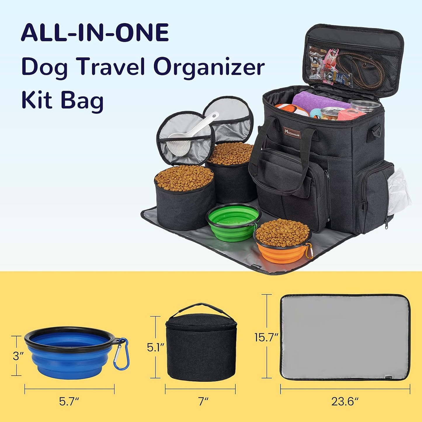 Modoker Dog Travel Bag with 2 Collapsible Dog Bowls, 1 Dog Backpack, Airline Approved Pet Travel BagOrganizer for Supplies & Accessories, 2 Travel Dog Food Container, Black