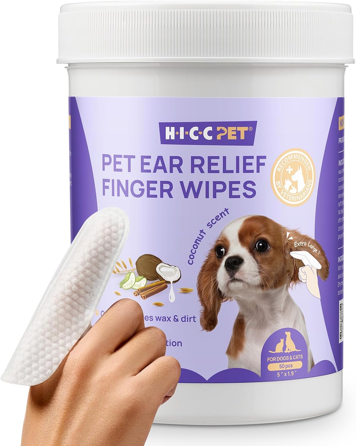 HICC PET Dog Ear Finger Wipes, Ear Cleaner Wipes for Dogs & Cats, Dog Ear Infection Treatment to Relief Itching & Inflammation, Remove Wax, Dirt & Stop Smelly, Non-Irritating, 50ct(Coconut Scent)