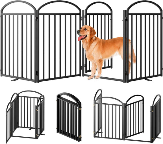 4 Panles Full Matel Freestanding Dog Gates with Door, 96"Extra Wide 32"Tall Free Standing Dog Pet Gate for Indoor & Outdoor. Foldable Pet Fences for Doorways, House, Stairs, Porch, Deck, Yard