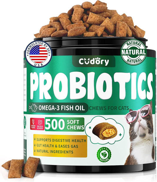 Cat Probiotics Tasty Chews for Digestive & Gut Support - Crunchy & Creamy Texture - Cat Gut Health, Constipation Relief, Healthy Stool, Natural Supplement for Cats, Chicken Flavor - 500 Chews