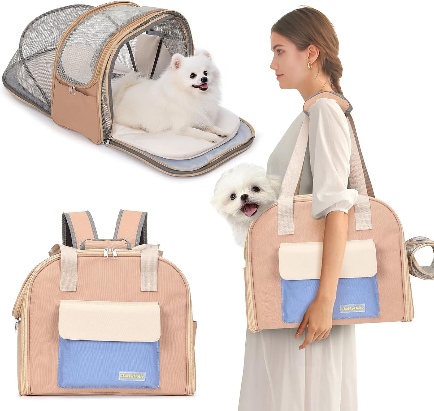 Expandable Pet Carrier Backpack, Cat Carrier Backpacks with Breathable Mesh for Cats Small Dogs Puppies Up to 25 Lbs Airline Approved Waterproof Travel Carrier with Safety Buckle for Hiking & Flights