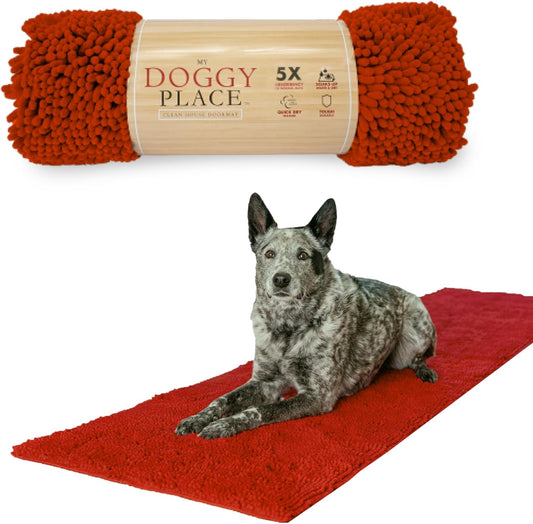 My Doggy Place Microfiber Dog Mat for Muddy Paws, 8' x 2' Red - Non-Slip, Absorbent and Quick-Drying Dog Paw Cleaning Mat, Washer and Dryer Safe - Hallway Runner
