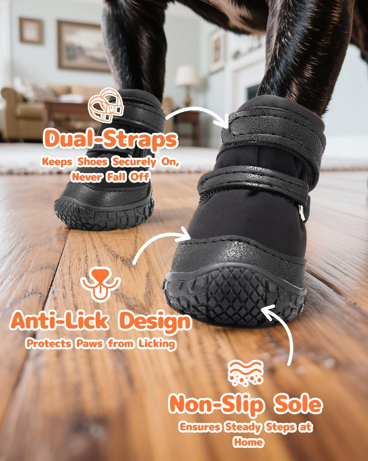 Dog Shoes for Small Dogs, Double Binding Straps Puppy Boots & Paw Protectors for Summer Hot Pavement, Winter Snow Dog Booties with Anti-Slip Rubber Soles for Beach Hardwood Floor Black Size 1