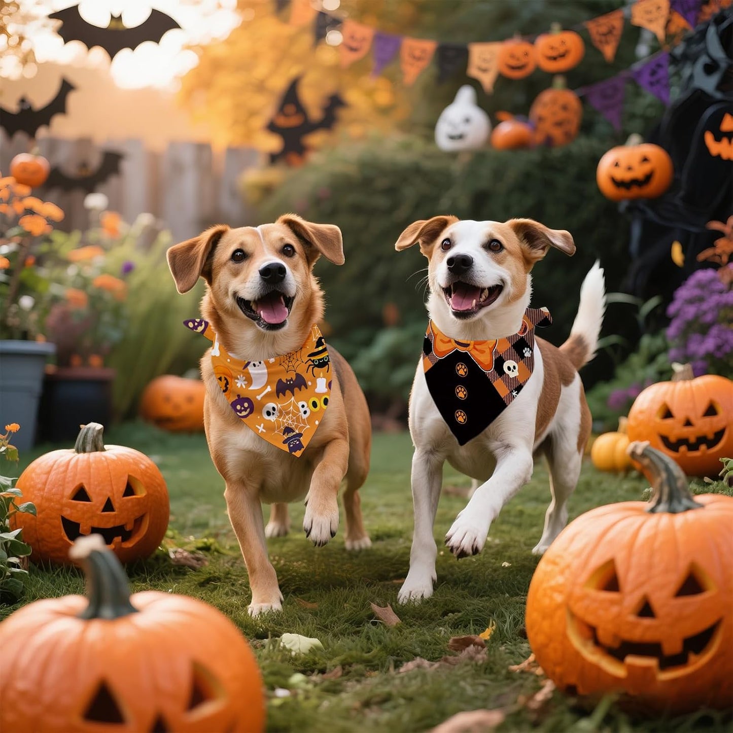 Halloween Dog Bandanas 2 Pcs, Pet Scarf for Dog Girl Boy, Spooky Triangle Puppy Scarf Kerchief Bandana Pet Dogs On Halloween, Ghost Pumpkin Bat Print Gifts for Dogs Lovers (Medium)