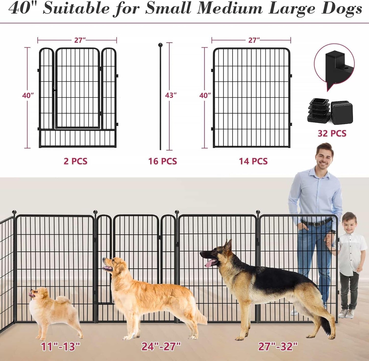 Dog Playpen Outdoor 40 inch 16 Panels Indoor Dog Pen for Large/Medium/Small Dogs Rustproof Metal Dog Fence Outdoor for Yard, Puppy Playpen with Door Portable Pet Fence for RV Camping Yard