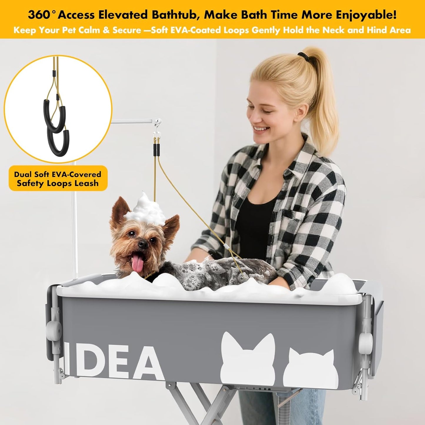 PAWZIDEA 2-in-1 Portable Dog Bathtub & Grooming Table, 33" Foldable Pet Washing Station for Small Medium Dogs Cats, Elevated Tubs for Bathing Shower Indoor Outdoor, 5 Height Adjustable, Storage Pocket